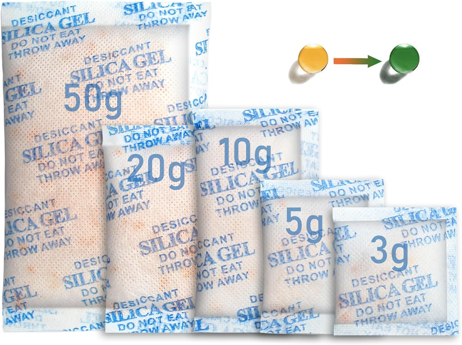 100Packs Mixed Indicating Silica Gel Packets, (3-50G) Rechargeable Desiccant Packets and Dehumidifier with Orange Color Indicating, Food Safe Silica Gel for Moisture Abosrber image number 3