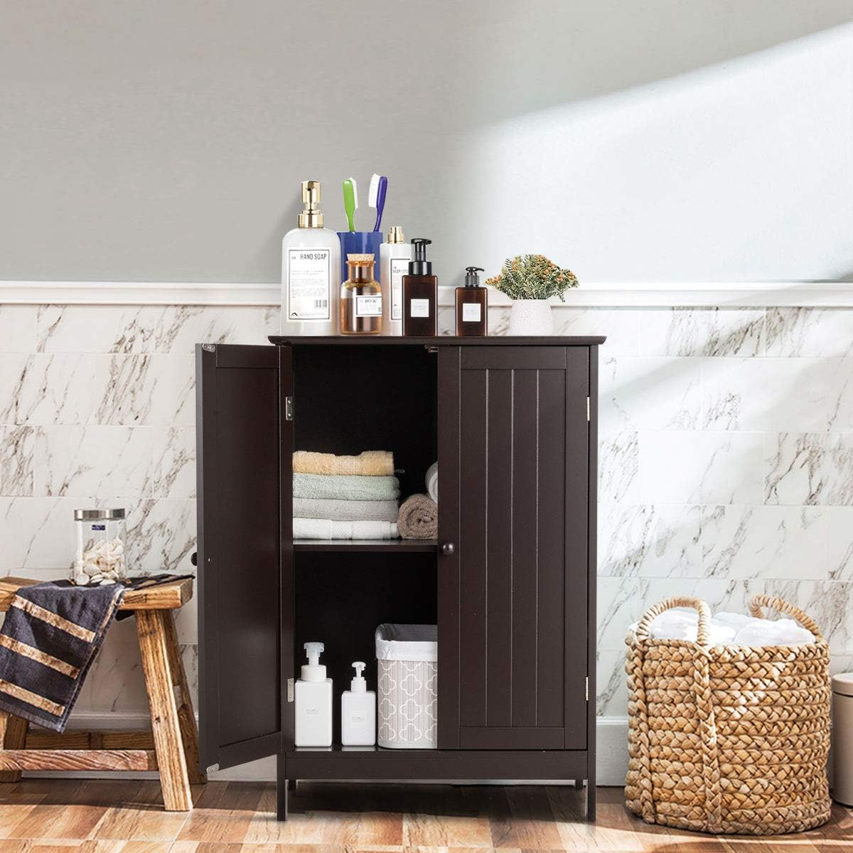 Bathroom Floor Cabinet W/ Double Doors, Floor Storage Cabinet W/ Shelf Free Standing Home Furniture Storage, Toilet Storage Unit, Laundry Cupboard, Entryway Utility Organizer Cabinet, for Bathroom & Bedroom& Living Room &Kitchen &Entrance (Brown) - Brown image number 5