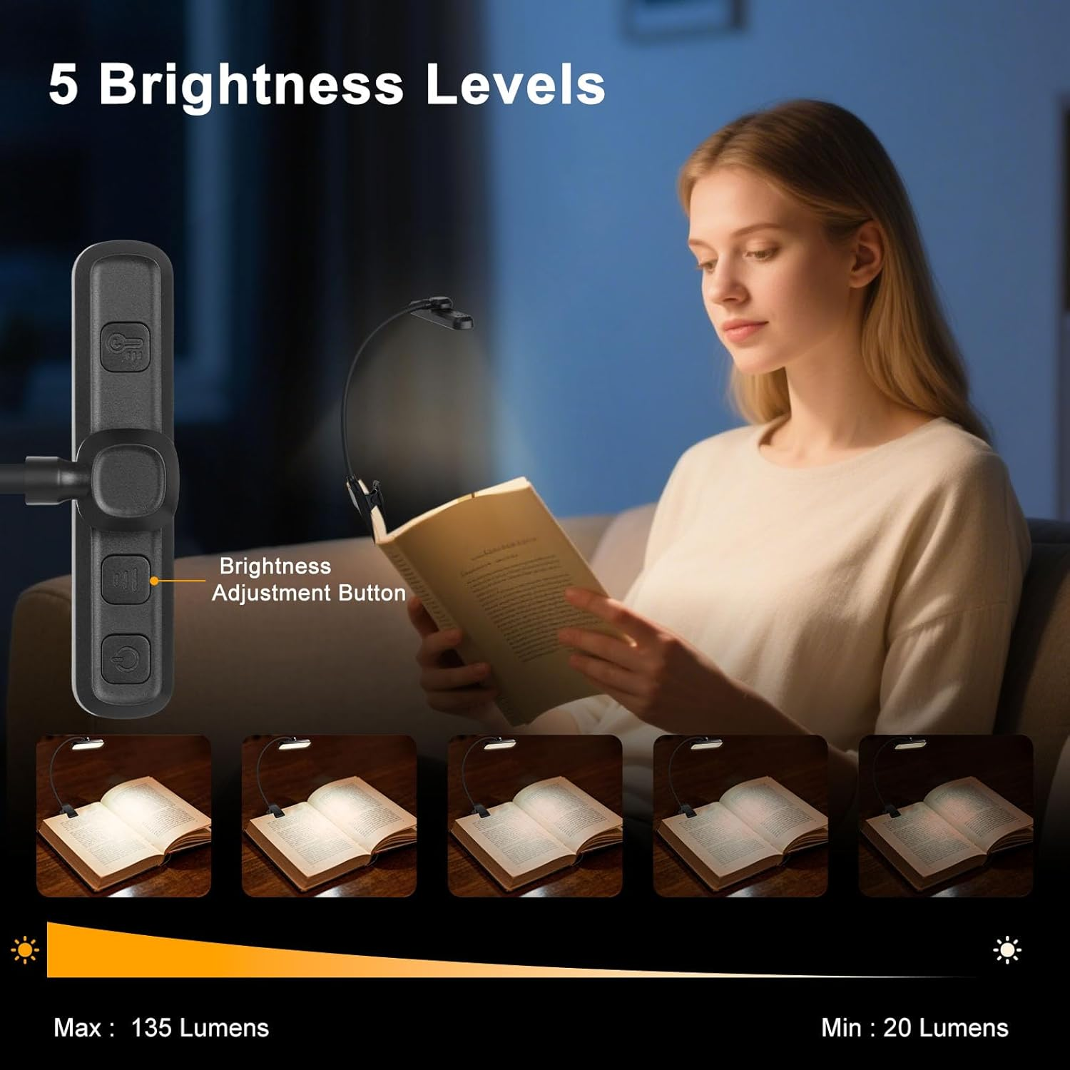 Kakeyrun 24 LED Book Light, Reading Light Night Light with 80 Hours Runtime, 3 Eye-Protection Mode & 5 Brightness Levels, Large Lamp Area, 360&deg; Flexible for Reader, Music Sheet Lighting (Black) - Black image number 5