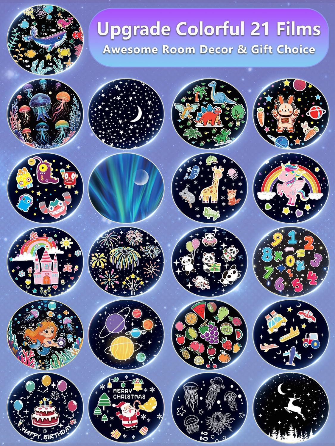 21 Set of Films, Ceiling Kids Light, Unicorn Star Night Light Projector for Kids Room, Night Light Projector for Girls Bedroom Decor, 360&deg; Rotating, Birthday, Christmas, Gifts image number 5