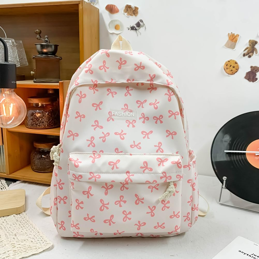 ALINUOYQ Cute Bows Backpack Coquette Aesthetic Backpack for Women Preppy Kawaii Backpack Nylon Laptop Bag Travel Backpack