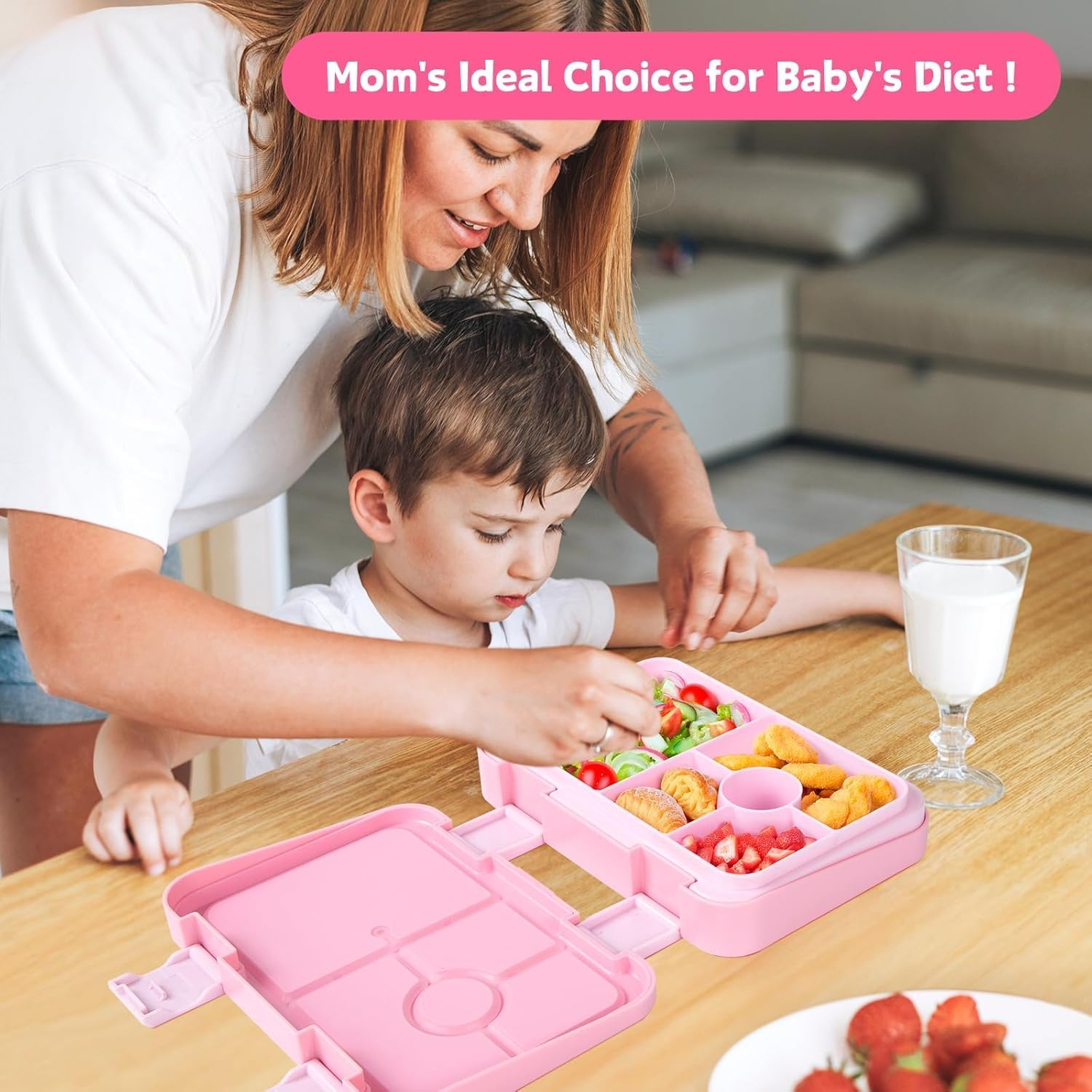 Bento Box, Double Buckle Leakproof Bento Lunch Box, Lunch Containers for Adult Kids with 5 Compartments, Snack Containers for on the Go Meal, Food Tray BPA Free (Pink) - Blue image number 3