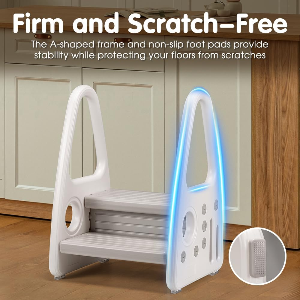 Playpals 2-Step Toddler Step Stool for Bathroom Sink, Kids Toilet Potty Training, Bed & Kitchen Counter Use, Non-Slip Double-Height Toddler Tower with Handle (White-Grey)