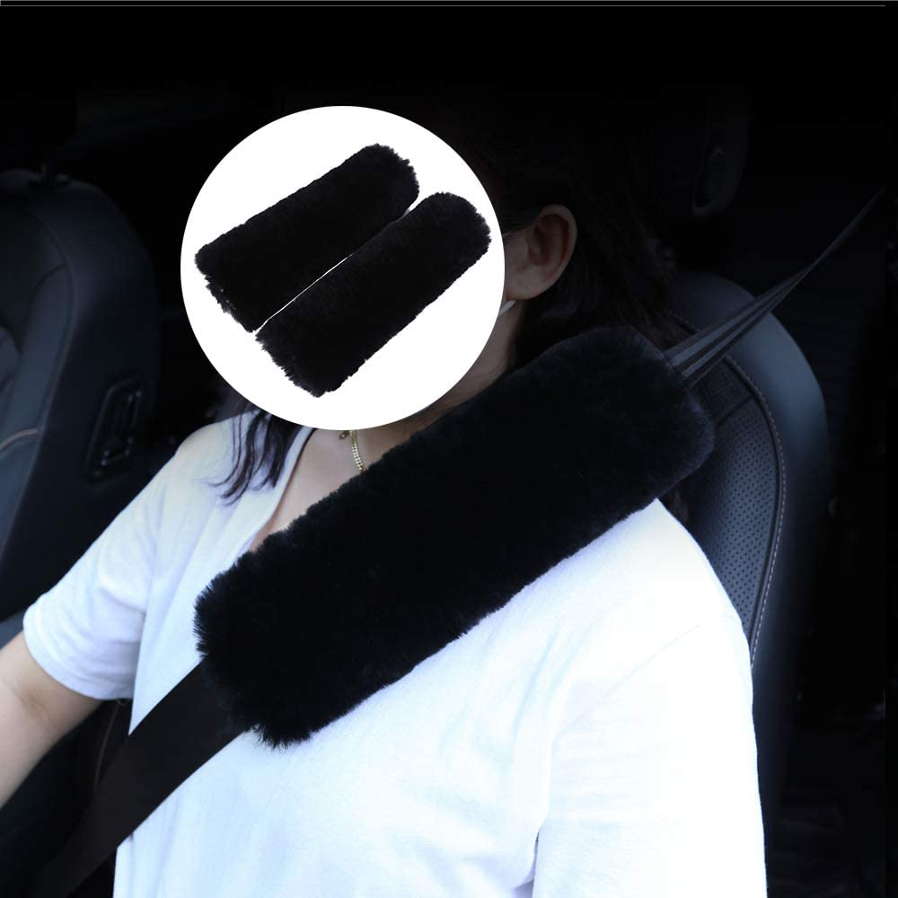 2Pack Genuine Sheepskin Seat Belt Strap Covers for Car, Truck, Backpack, Black Fuzzy Seat Belt Pads for Shoulder Soft Comfy image number 2