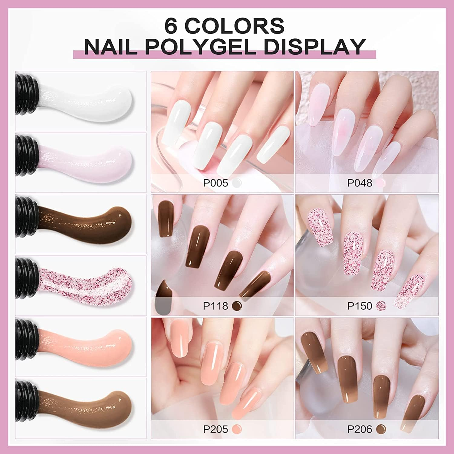 Poly Gel Kits - 6 Colors Poly Nails Builder Gel Kits Professional Poly Nail Gel Kit for Beginner Popular Poly Gel Colors Nail Kits DIY Salon Nail Art at Home image number 6