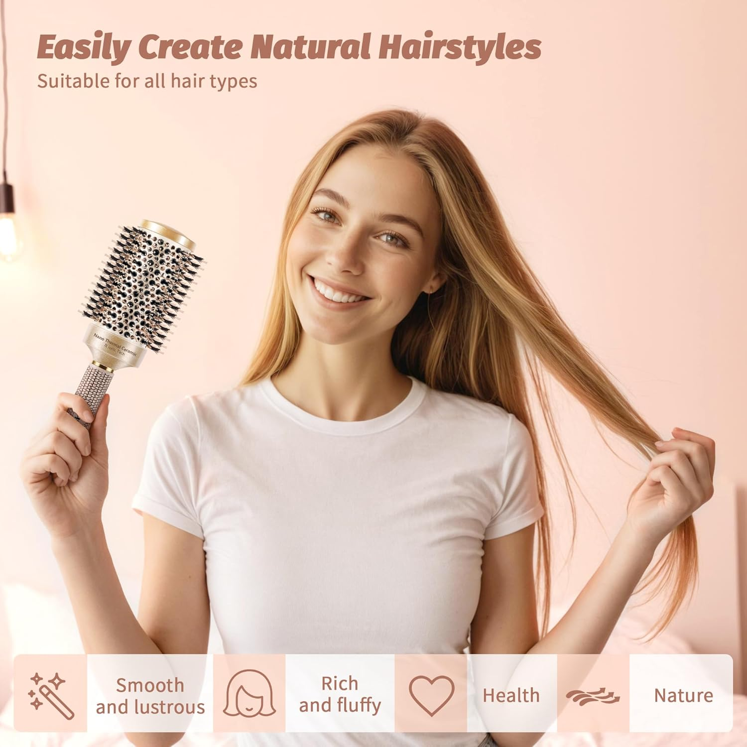 Round Brush for Blow Out, Nano Thermal Ceramic & Ionic Tech round Barrel Hair Brush with Boar Bristles and Nylon Pins, Roller Brush for Blow Drying and Styling, 4 Free Clips (Barrel 1.7 Inch, 45Mm) image number 1