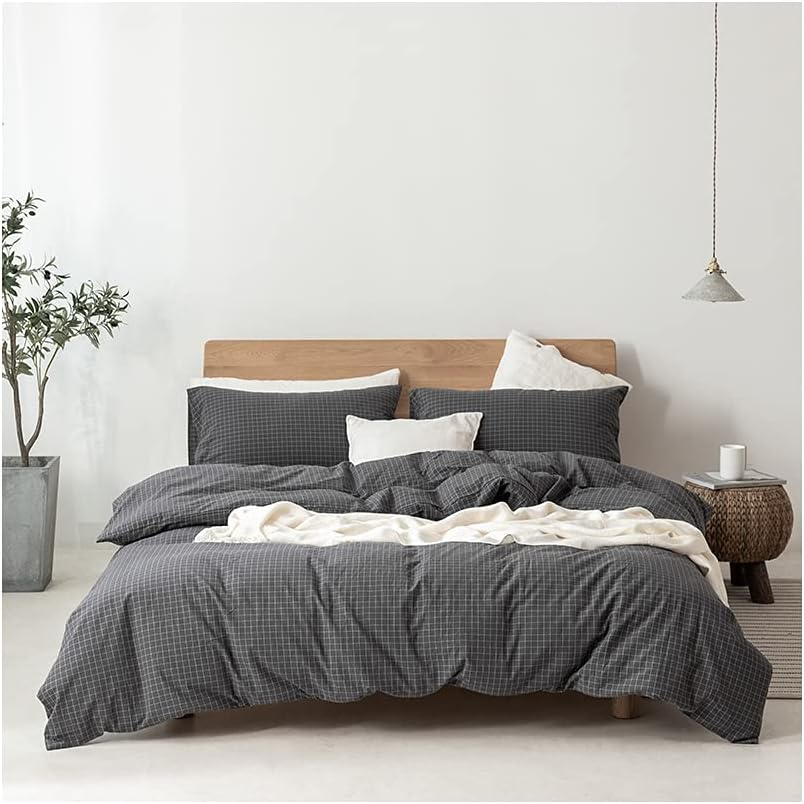 F.Y.Dreams 100% Washed Cotton Duvet Cover for Weighted Blanket 60X80 Inches with 8 Ties, Zipper on Long Side/Black Grey/Just Duvet Cover