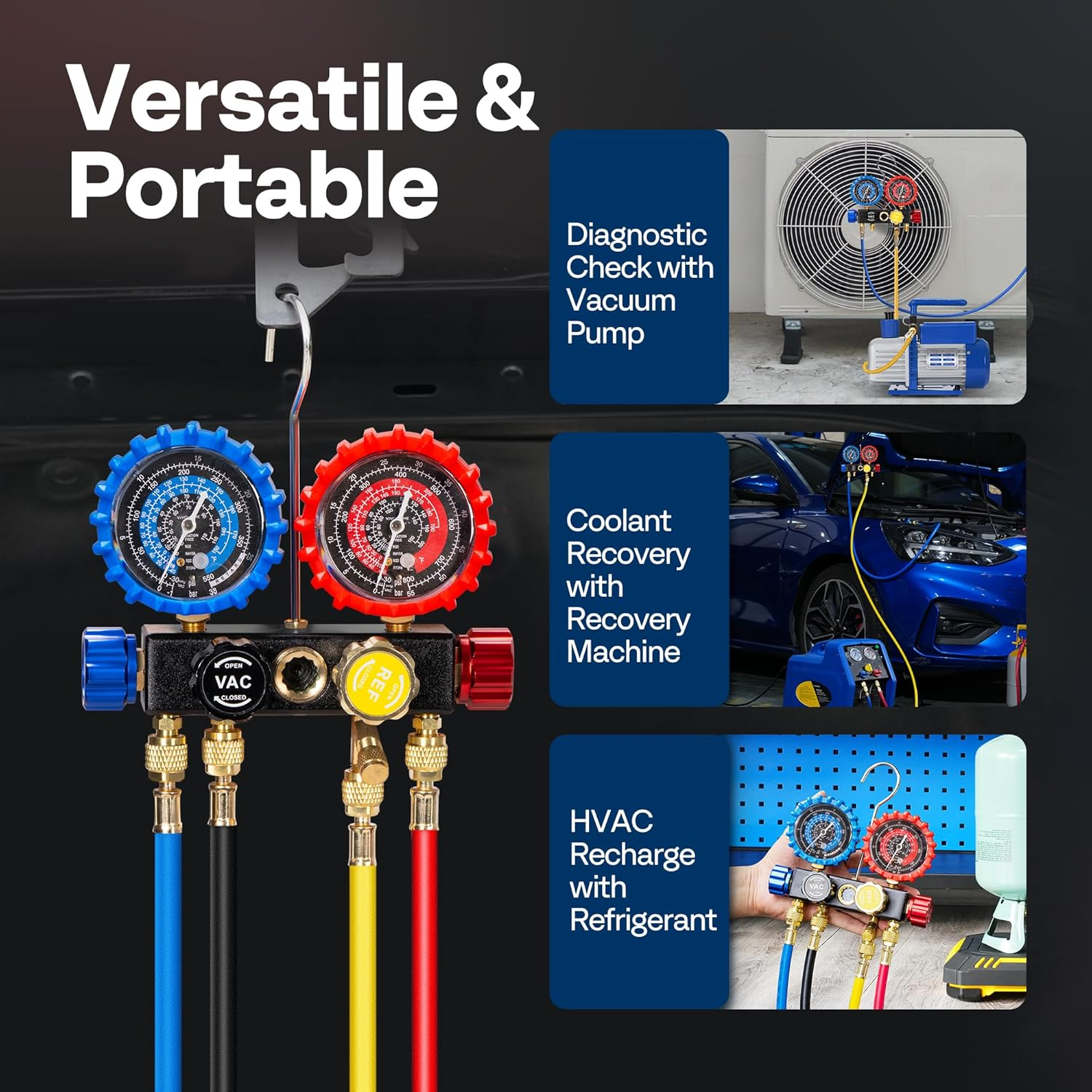 VIVOHOME HVAC Manifold Gauge Set for R134A R410A R22 R32 Refrigerant, 4 Valve Automotive AC Gauges with 5Ft Hoses for Car Freon Charging and Evacuation