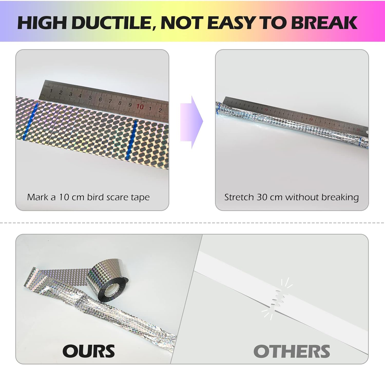 Ruolan Bird Scare Tape Ribbon(700Ft) Reflective Tape Keep Birds Away Outdoor,Double Side Bird Flash Tape, Scare Geese, Pigeon, Duck, Woodpecker image number 2