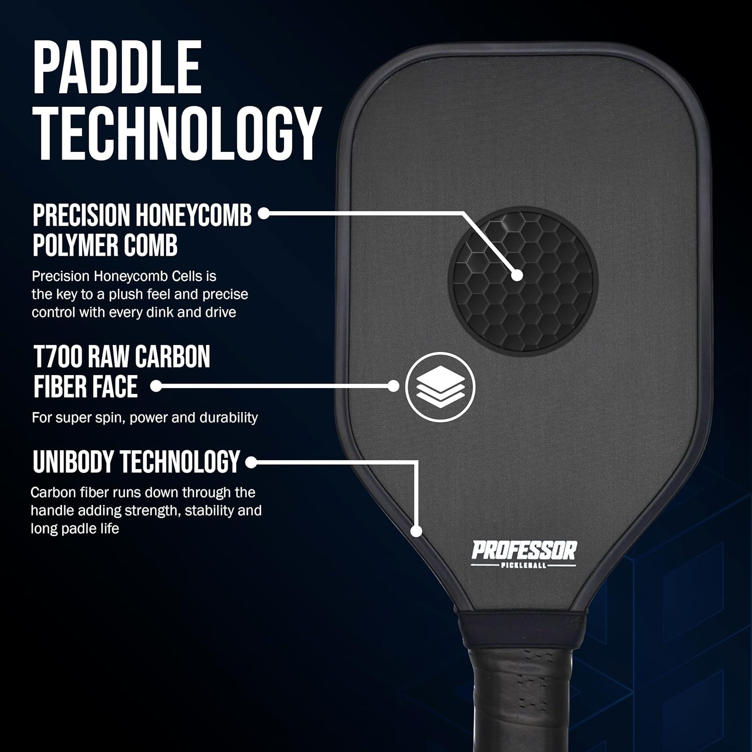 Professor Precision Pickleball Training Paddle - Sweet Spot Enhancement with Extended Handle - T700 Raw Carbon Fiber Construction, 16MM Core Practice Trainer image number 4