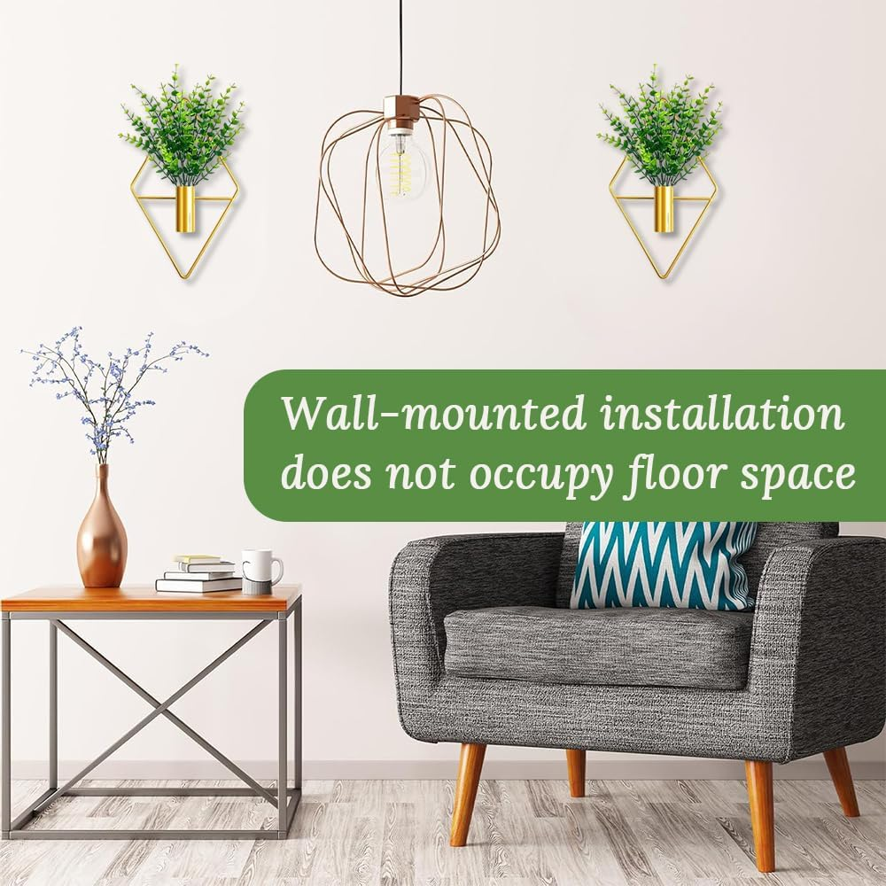 4 Pieces Plant Wall Decor, Hanging Metal Geometric Flower Stand, Home Decor, Indoor Artificial Plants for Home, Bedroom, Living Room, Office, Porch (Gold) image number 1