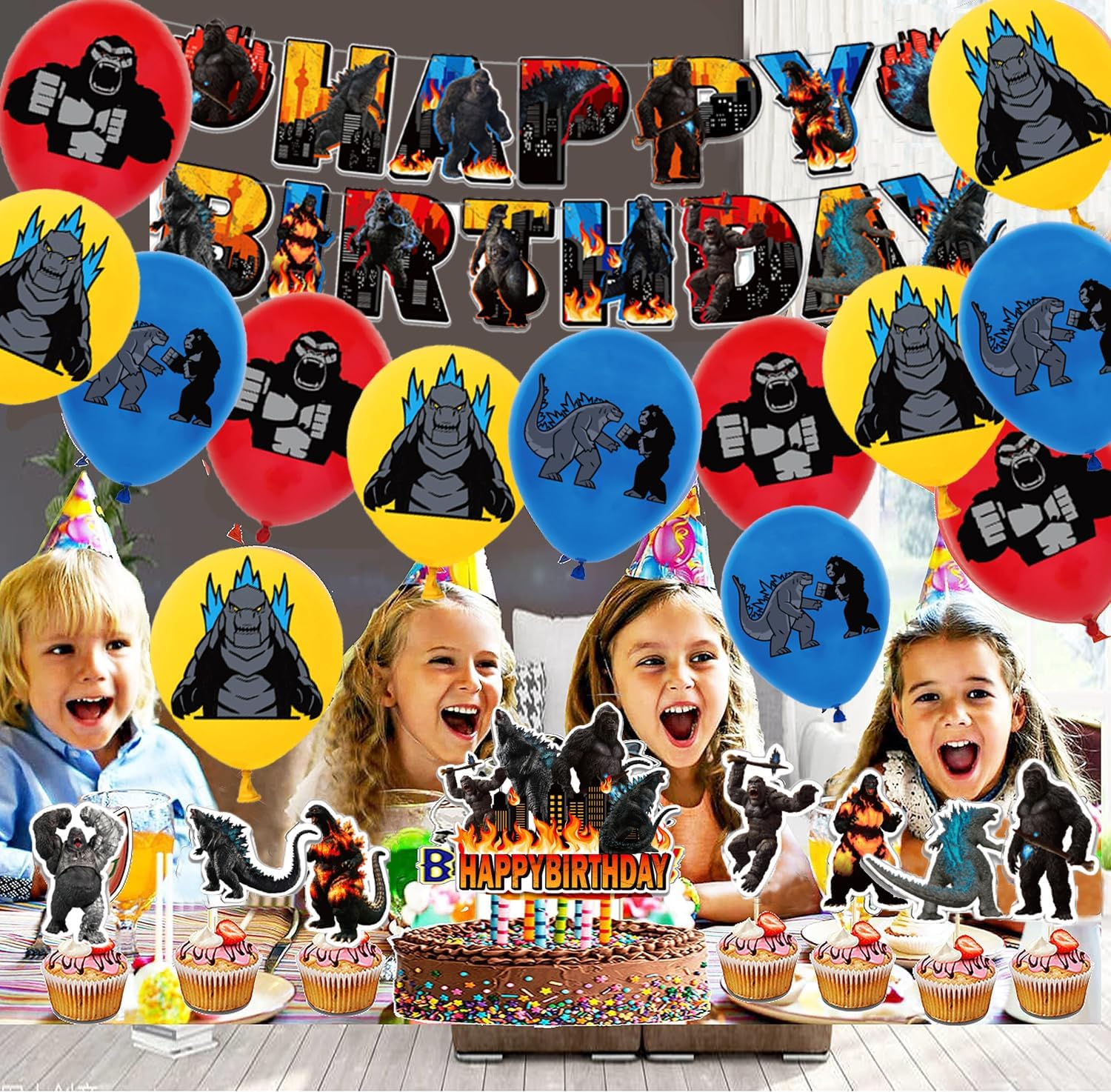 Godzilla Birthday Decorations - Banner, Latex Balloons, Cake & Cupcake Toppers for Kids' Party image number 3