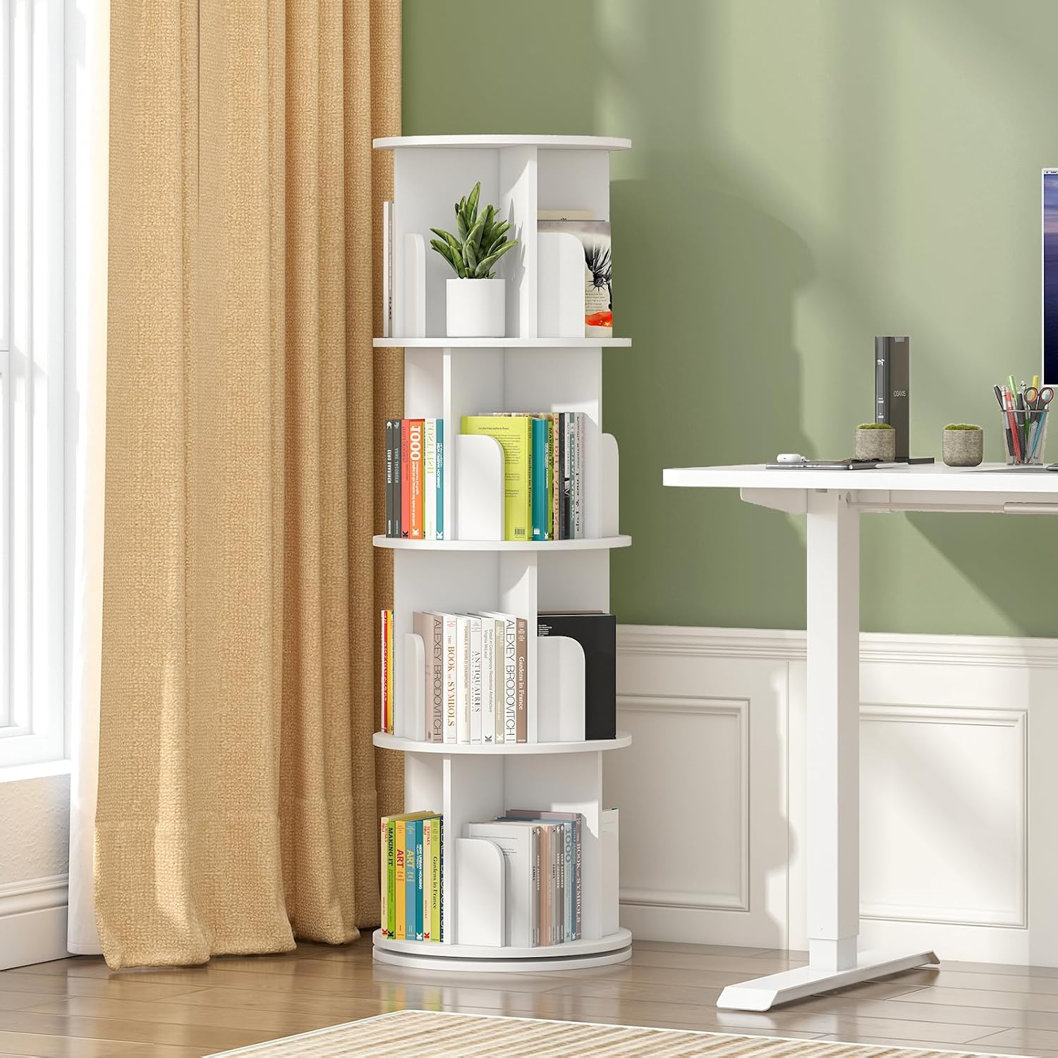 Ufurniture Rotating Bookshelf, 4-Tier Wooden Bookcase, Corner Standing Display Shelf Organizer, CD Storage Rack for Small Space Living Room Office Kids Furniture, White image number 5