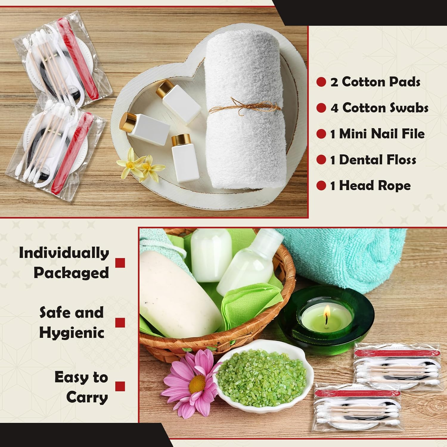 Tondiamo 100 Set Hotel Vanity Kit Individually Wrapped Travel Size Hotel Hospitality Kit Include Disposable Cotton Pads, Cotton Swabs, Hair Tie, Nail File, Dental Floss for Motels Toiletries image number 4