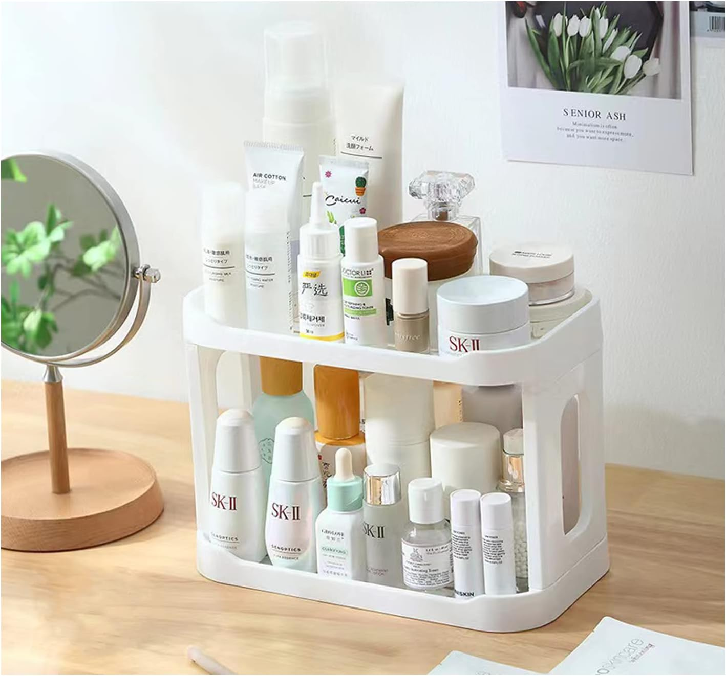 HASPINH 2 Tier Makeup Organizer, Foldable Cosmetic Storage Display Box, Large Capacity Bathroom Countertop Organizer Shelf, Perfume Organizer, Vanity Organizer, Skincare Organizers, Kitchen, White image number 5