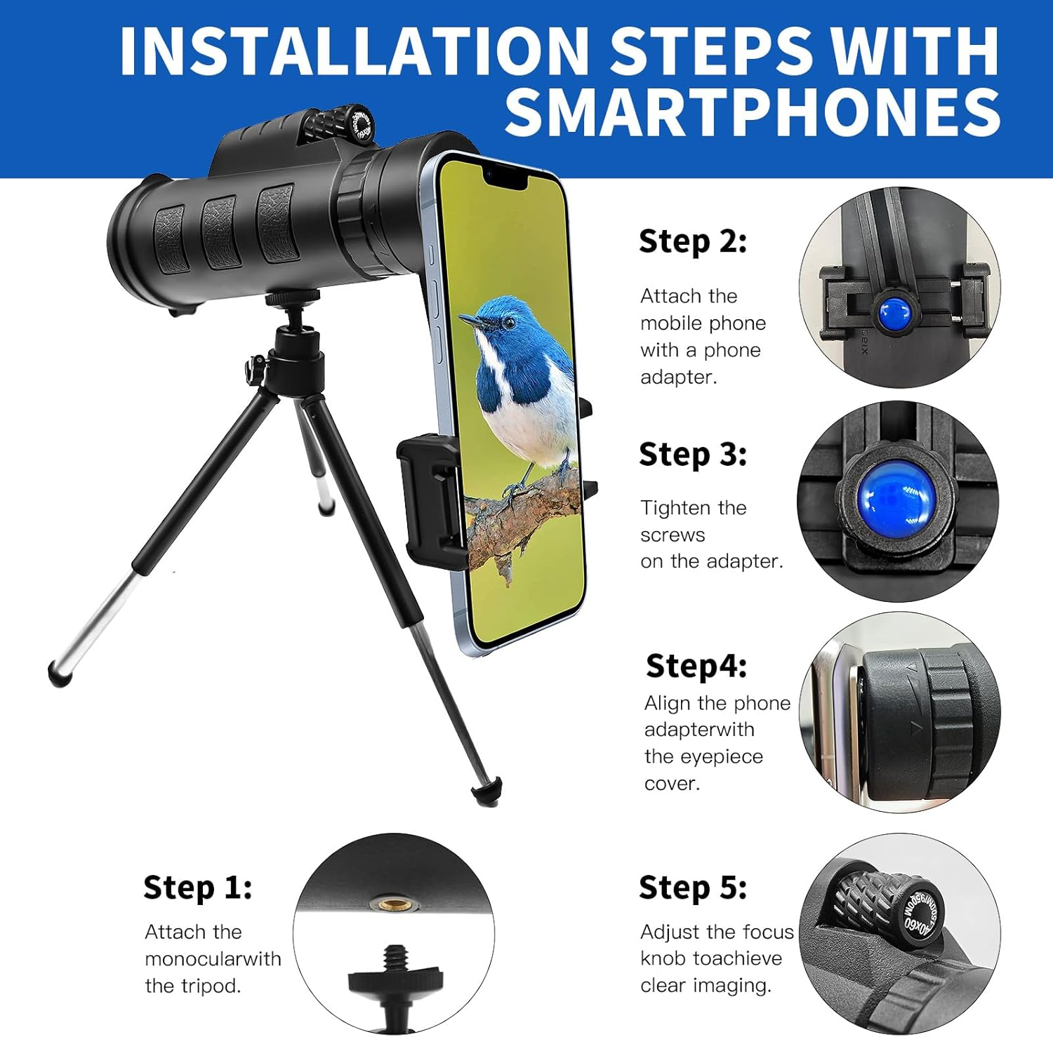 Monocular Telescope for Adults,12X50 HD Large Vision Monoculars with Smartphone Adapter Tripod,High Powered Monocular for Bird Watching Hunting Hiking Camping Wildlife,Bak4 Prism FMC Lens,Waterproof image number 1