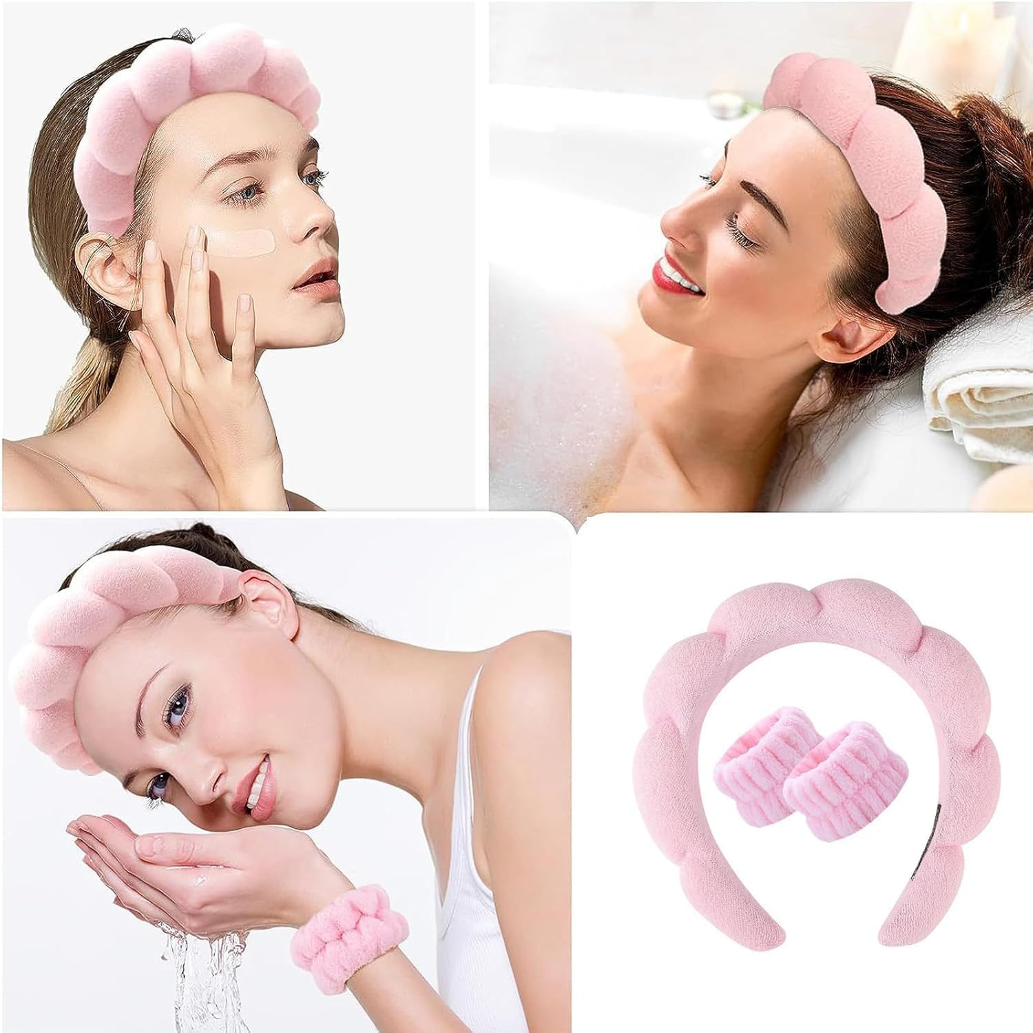 SHUNYUNG Skincare Headband Set, 6 Pieces Pink Spa Headband with Wristbands and Hair Clips