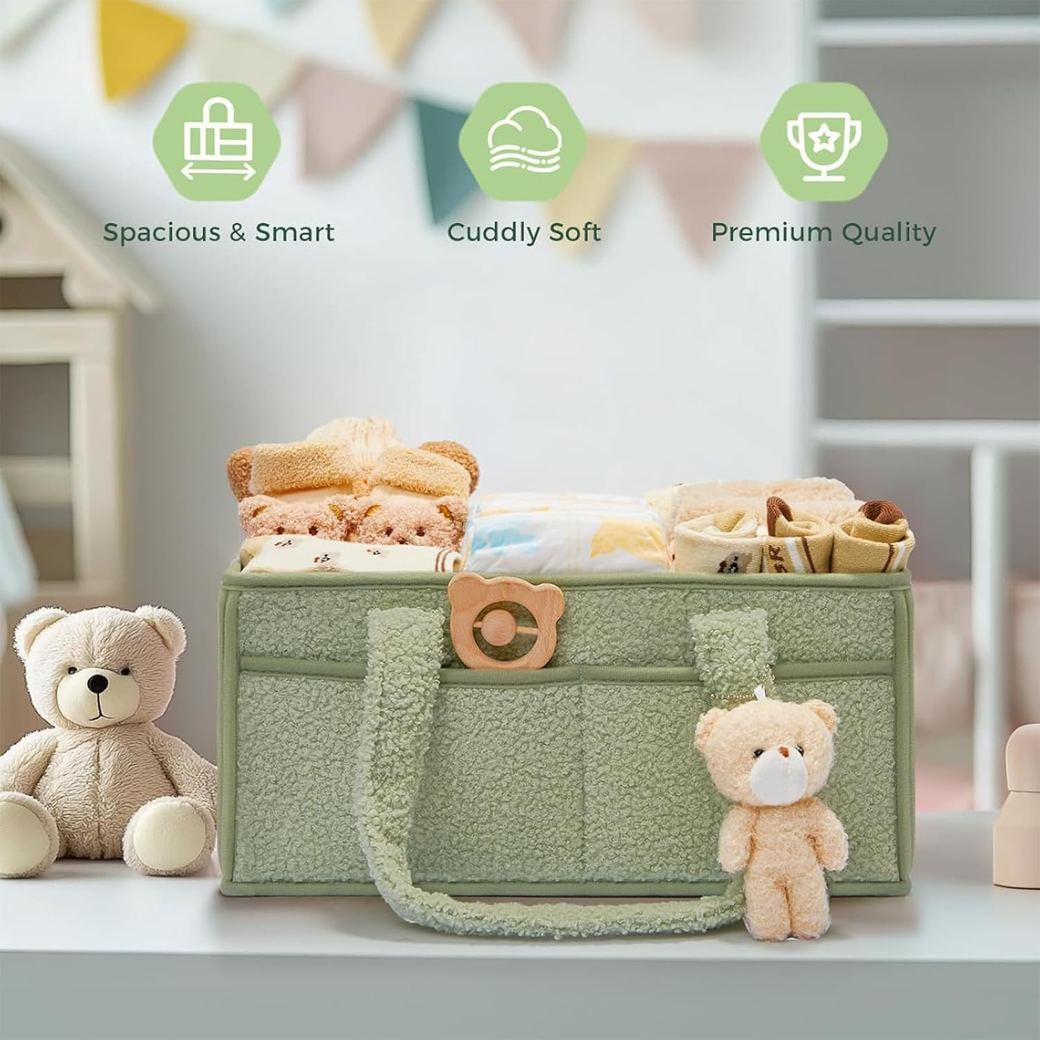 Baby Nappy Caddy Diaper Caddy Organizer， Baby Storage Basket for Diapers and Wipes，Portable Holder Tote Holder Tote Bag ， Car Nursery Organizer Diaper Bag Gift Accessories， Bring a Bear (Green) - Off-White image number 6