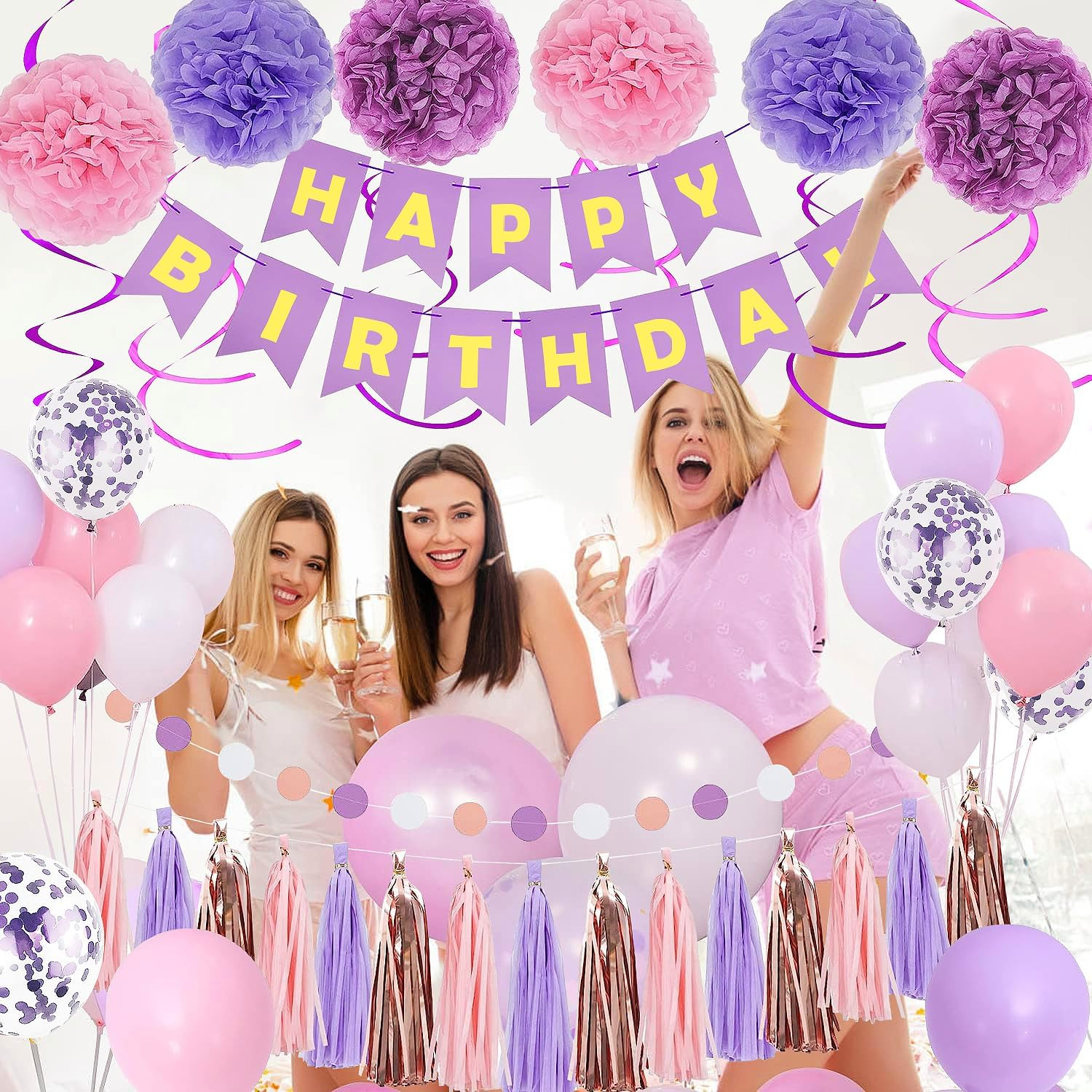 Pugkloy Purple Pink Birthday Party Decorations for Women Girls with Happy Birthday Banner,Hanging Swirls,Tissue Paper Pompoms,Circle Dots Garland,Tassel Garland Purple Birthday Balloons (Purple) image number 5