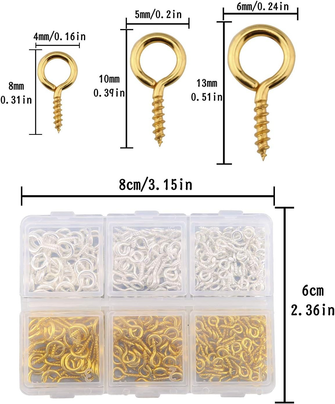 TOYMIS 400Pcs Screw Mini Metal Small Eye Pin Pendants for DIY Art&Crafts, Jewelry Making Findings, Charm Bead Supplies (Gold&Platinum, 3 Different Sizes) image number 6