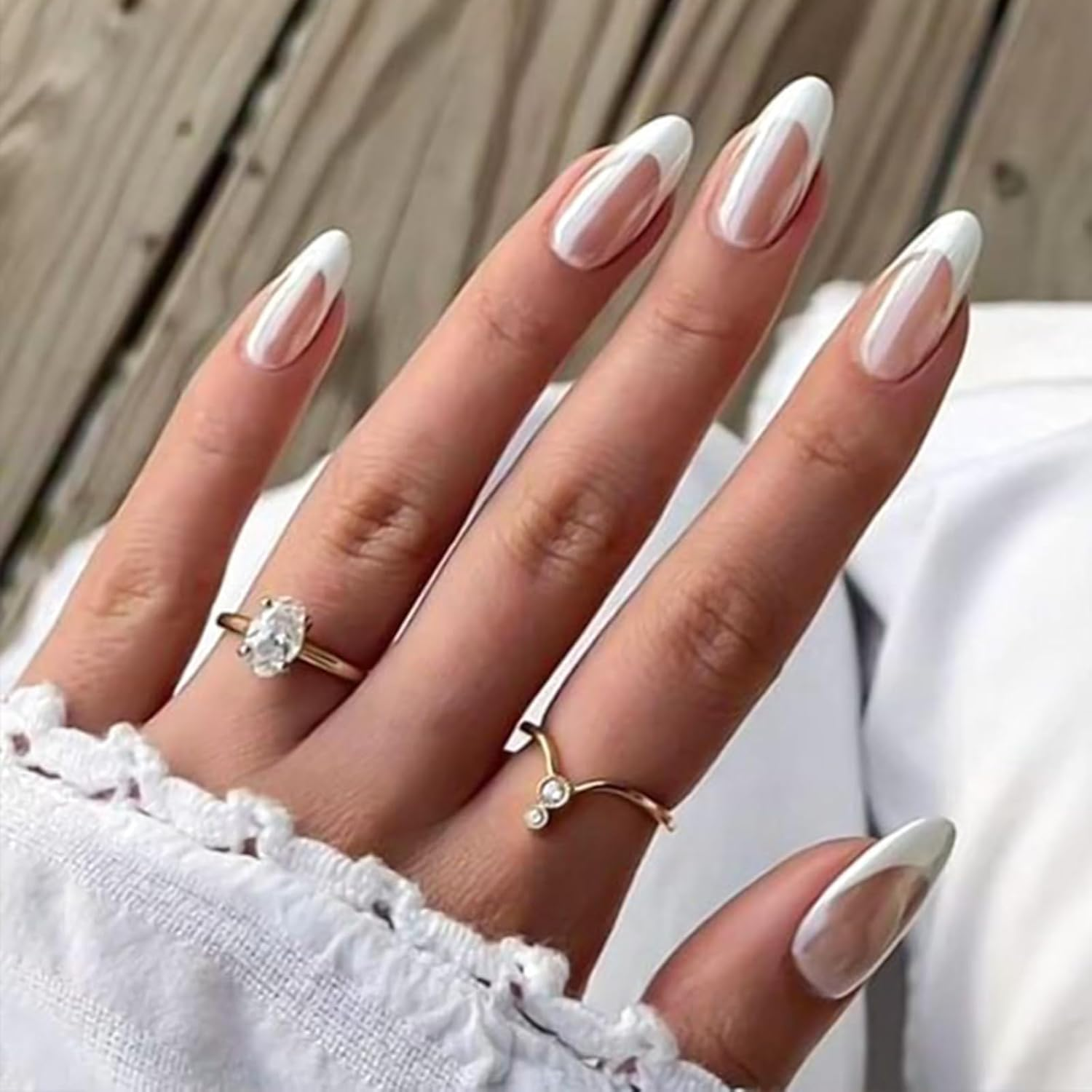 French Tip Chrome Press on Nails Almond Medium Fake Nails with Mirror Designs Glossy Glue on Acrylic Nails Nude Full Cover False Nails for Women image number 1