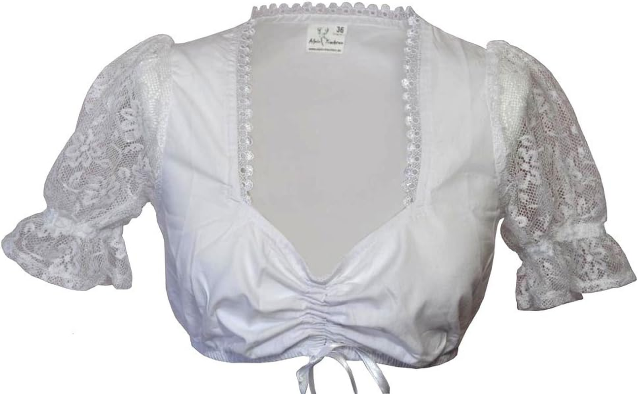 Bigi Dirndl Blouse White Lace Sleeves, White, 8 AU