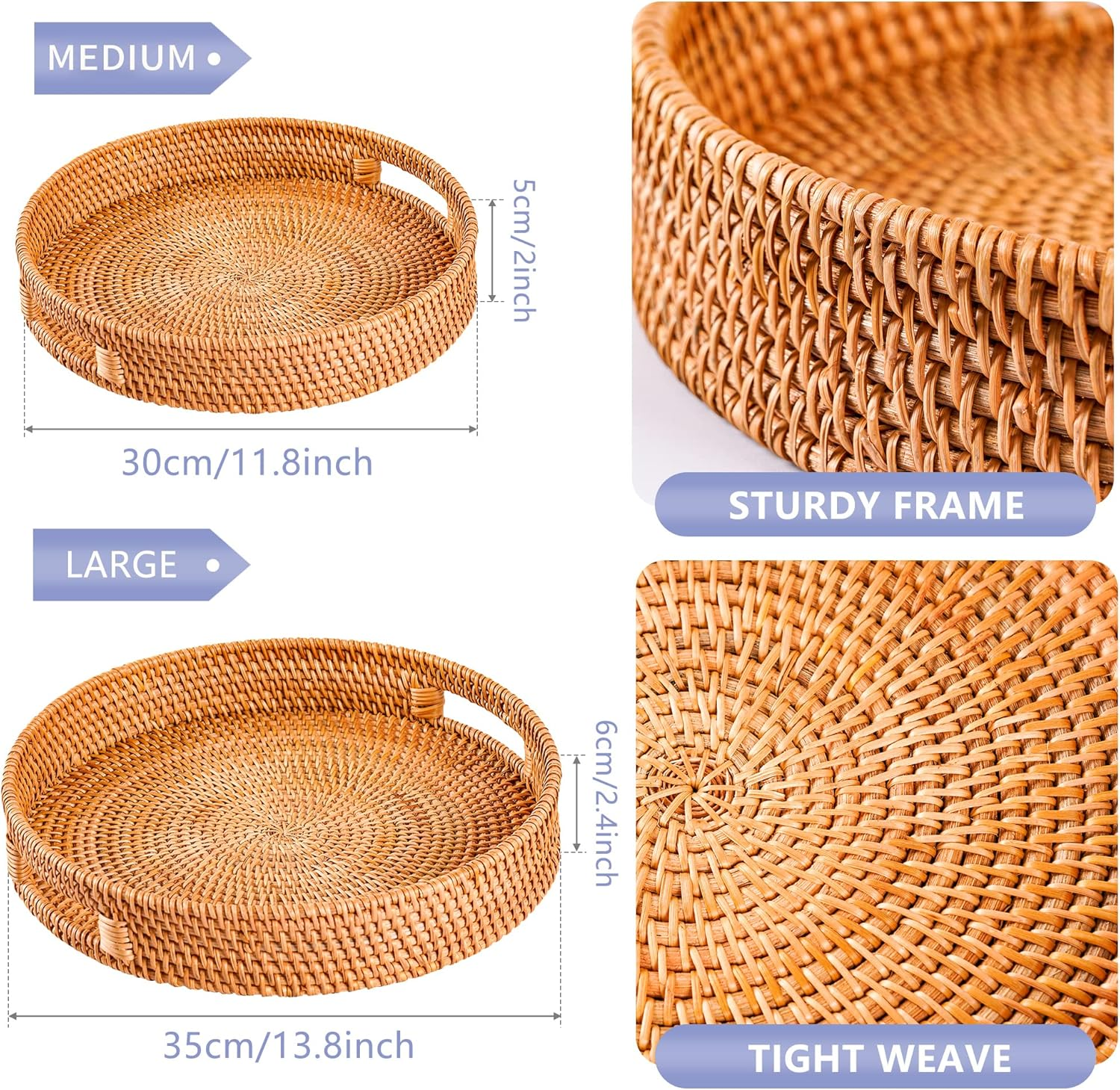 FIYAMMY Large round Rattan Serving Tray Set of 2, Woven with Handles, Wicker Fruit Bread Basket for Coffee Table (13.8In X 2.8In; 11.8In X 2.4In) image number 1