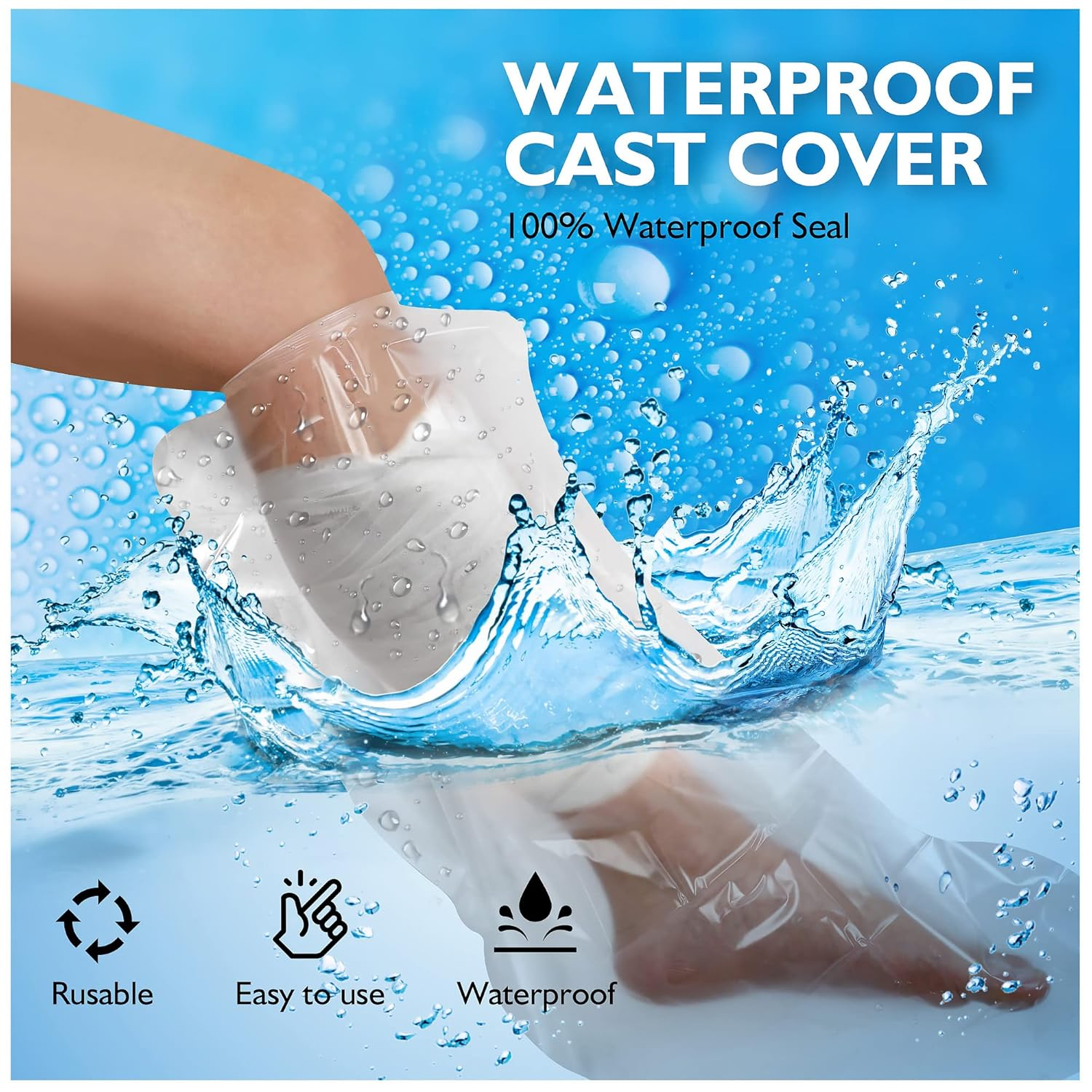 Waterproof Cast Covers for Shower Leg, Watertight Seal Knee Ankle Foot Cast Protector for Adult Kids Surgery Bandage Dressing Wound, Resusable 2 Pack Half Leg Cover image number 3