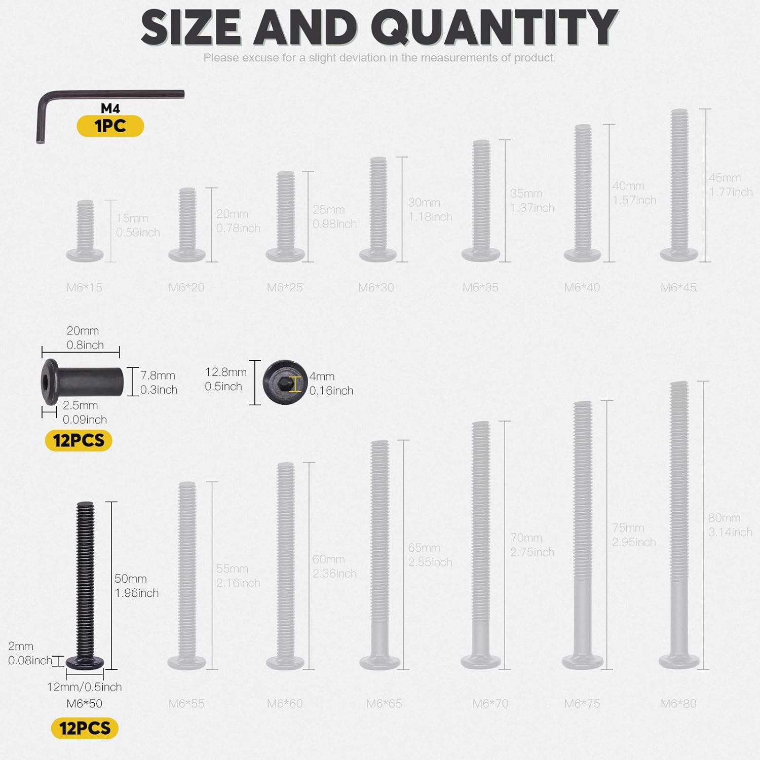 Mardatt 12Set M6X50Mm Black Hex Socket Cap Bolts, Barrel Nuts & Hex Key for Furniture Assembly & DIY Projects image number 4