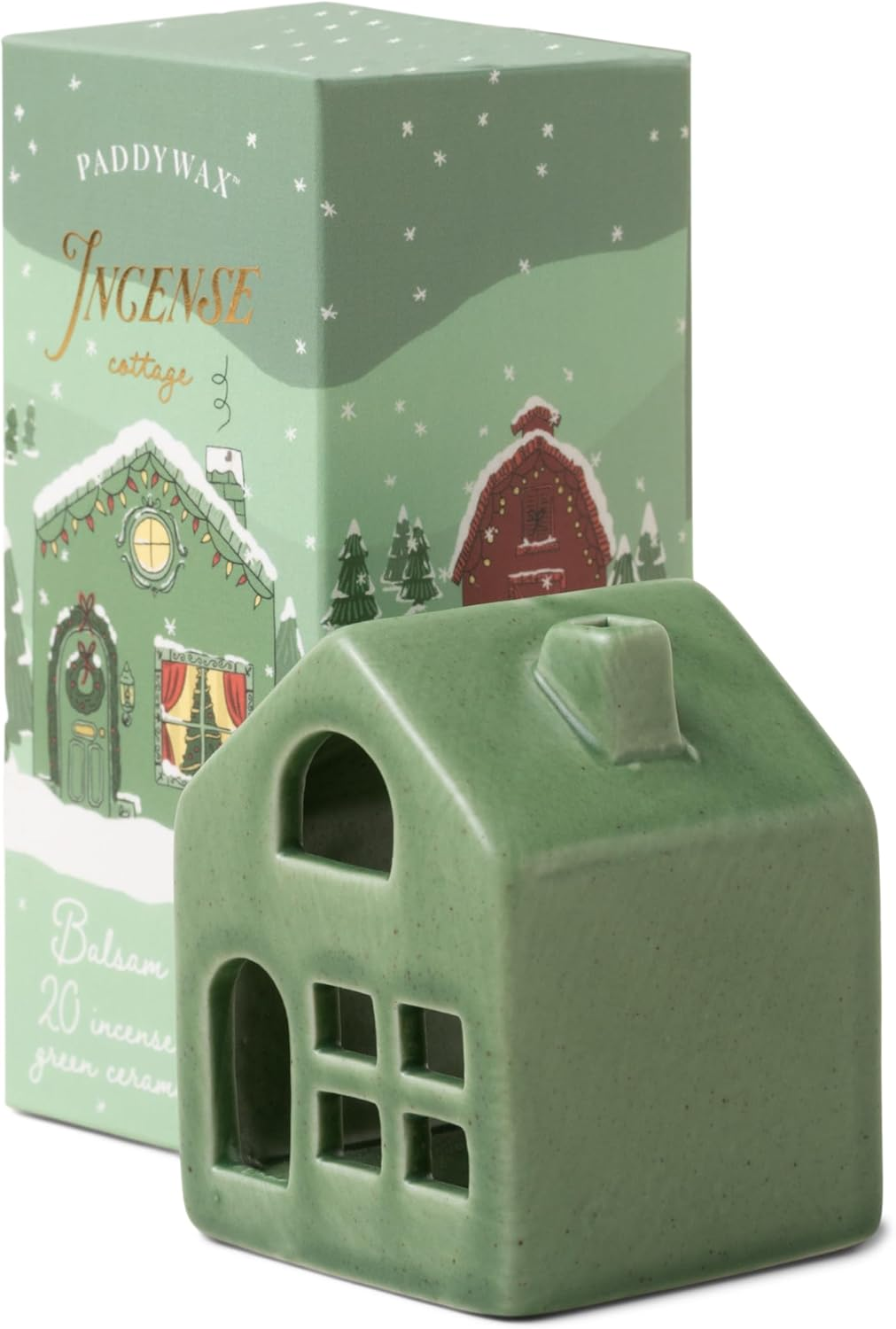 Paddywax Holiday Town Incense Holder with 20 Incense Cones, 3.83" Tall, Green Cottage