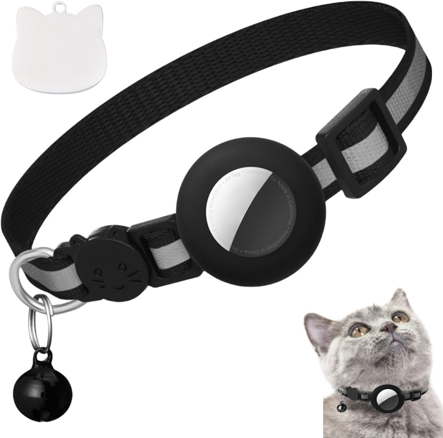 Airtag Cat Collar with Bell, Personalised Airtag Collar Cat, Cat Collar, Reflective Airtag Cat Collar with Airtag Case, Airtag Cat Collar for Kittens, Cat (Black) image number 5