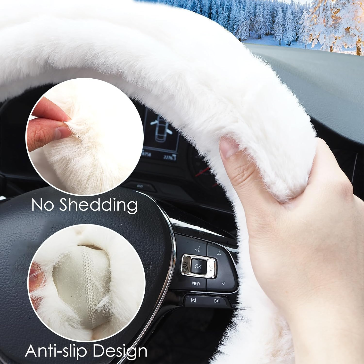 Fuzzy Car Steering Wheel Cover for Women, Anti-Slip Warm Fluffy Fur Auto Steering Wheel Protector, Soft Plush, Luxurious, with Seat Belt Cover Car Accessories for Ladies Girls (White) image number 4