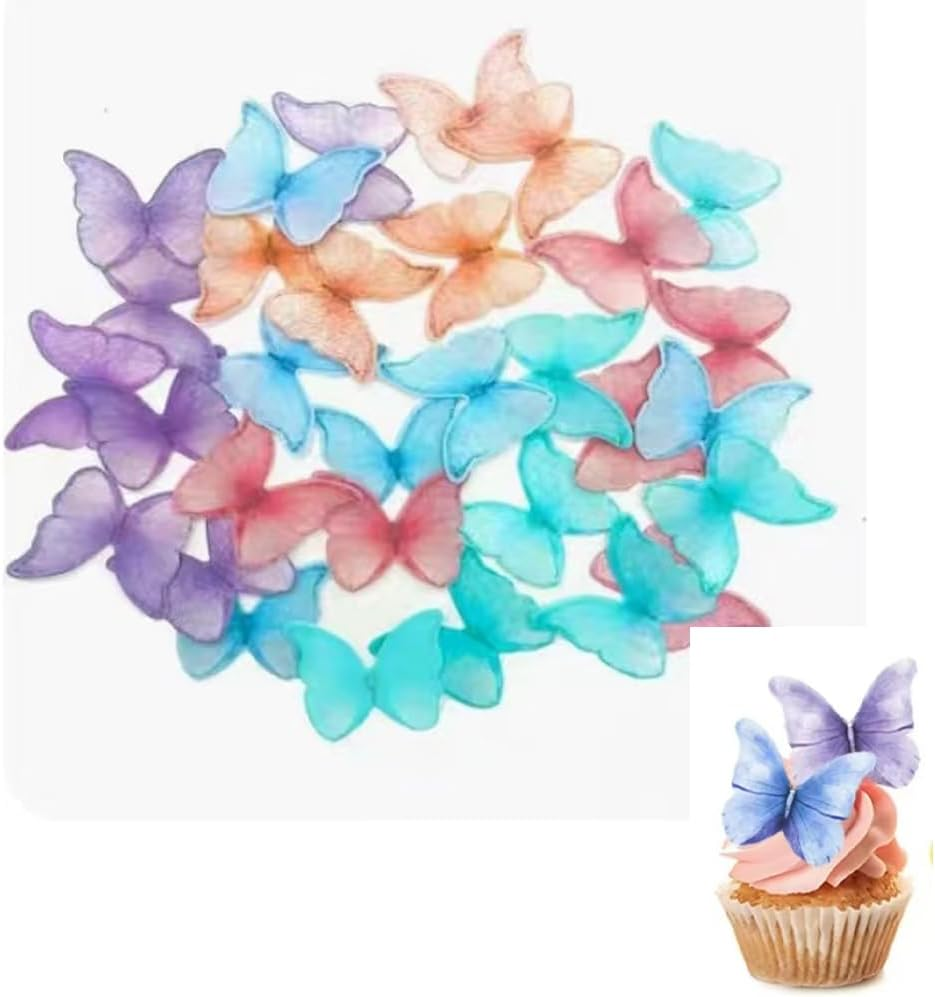 48 PCS Edible Butterflies Cupcake Cake Decorations Wafer/Rice Paper Cupcake Cake Toppers for Family Cupcake Wedding Cake Birthday Party Food Decoration image number 3