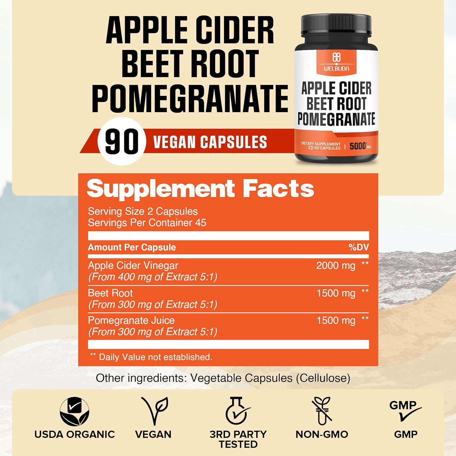 1500Mg Beet Root 2000Mg Apple Cider Vinegar 1500Mg Pomegranate Juice Supplements - 90 Vegan Capsules image number 2
