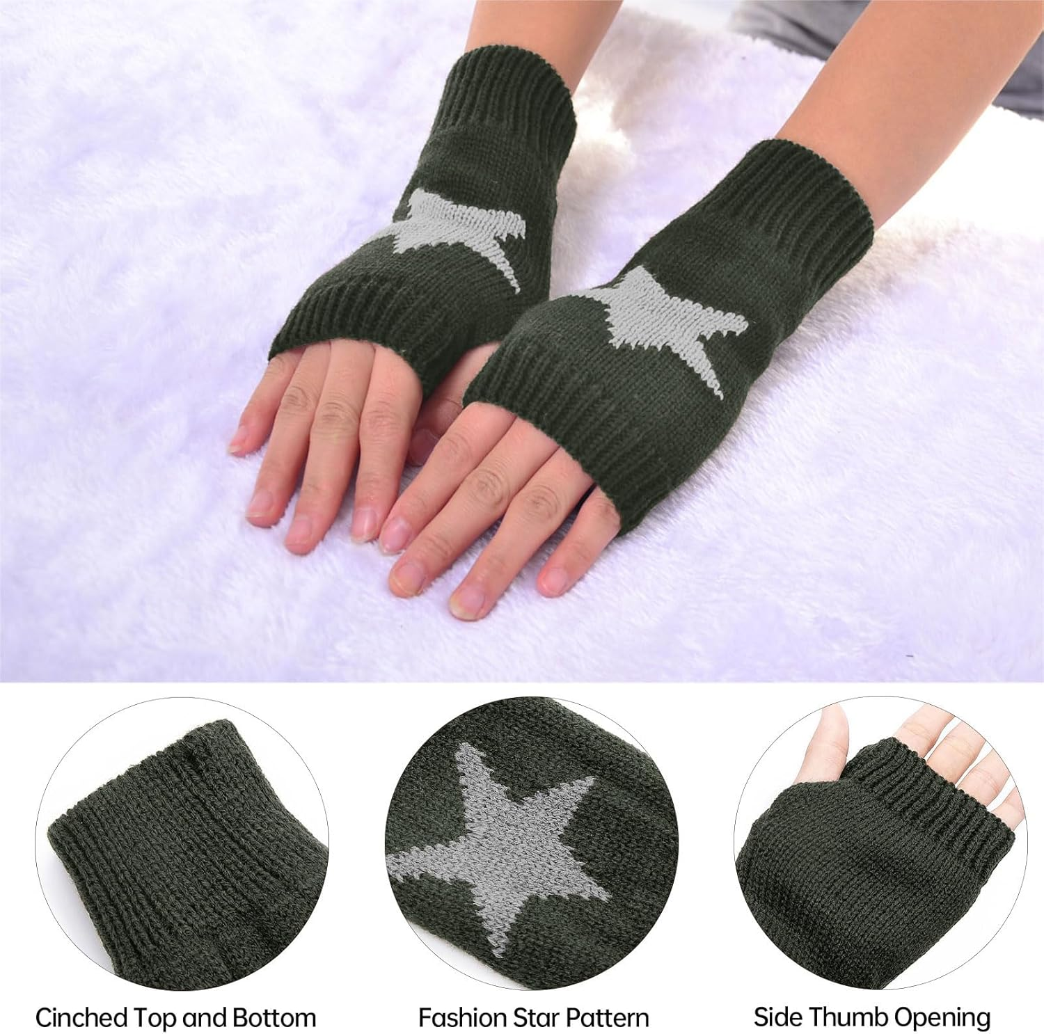 YAMEIZE Fingerless Star Printed Knitted Gloves - Wrist Warmers Mittens Knitted Gloves for Women Men Typing - Coffee image number 2