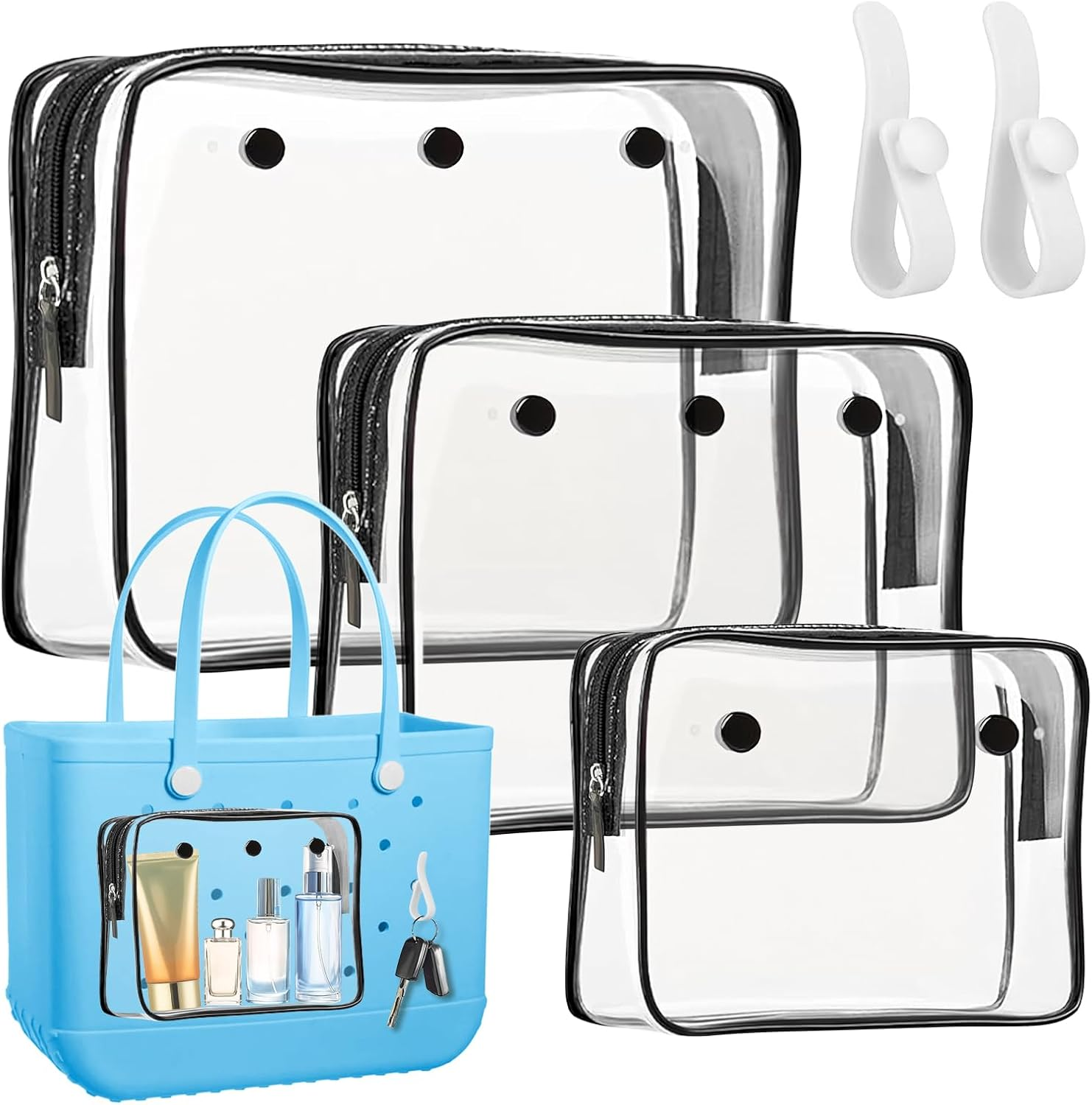 2 Pack Clear Inner Pouch Tote Bag with 2 Insert Hooks for Bogg Bag, Divider Storage for Travel Cosmetic Makeup Clean Organizer, White, Modern