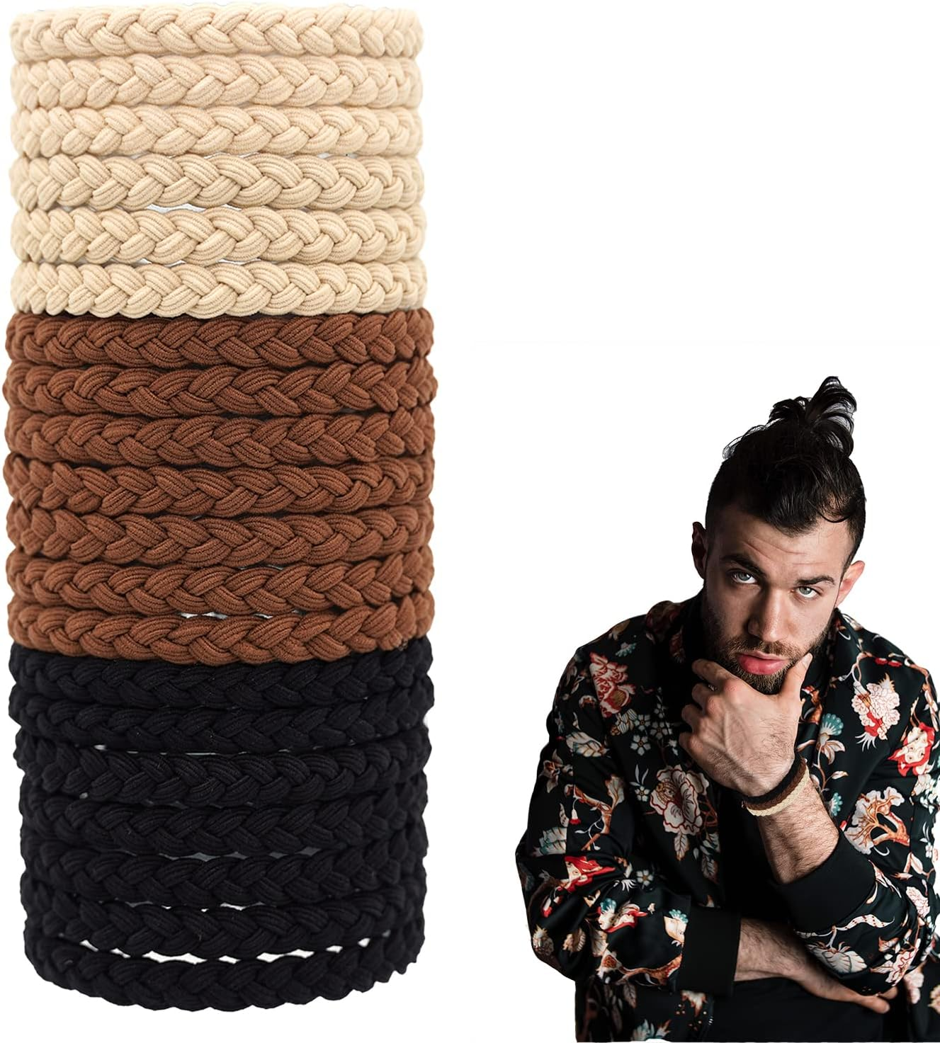 20-Piece Braided Hair Ties for Men - Elastic, No Damage, No Slip, No Rip - for Curly, Thick, Long Hair (Black, Brown, Khaki) image number 3