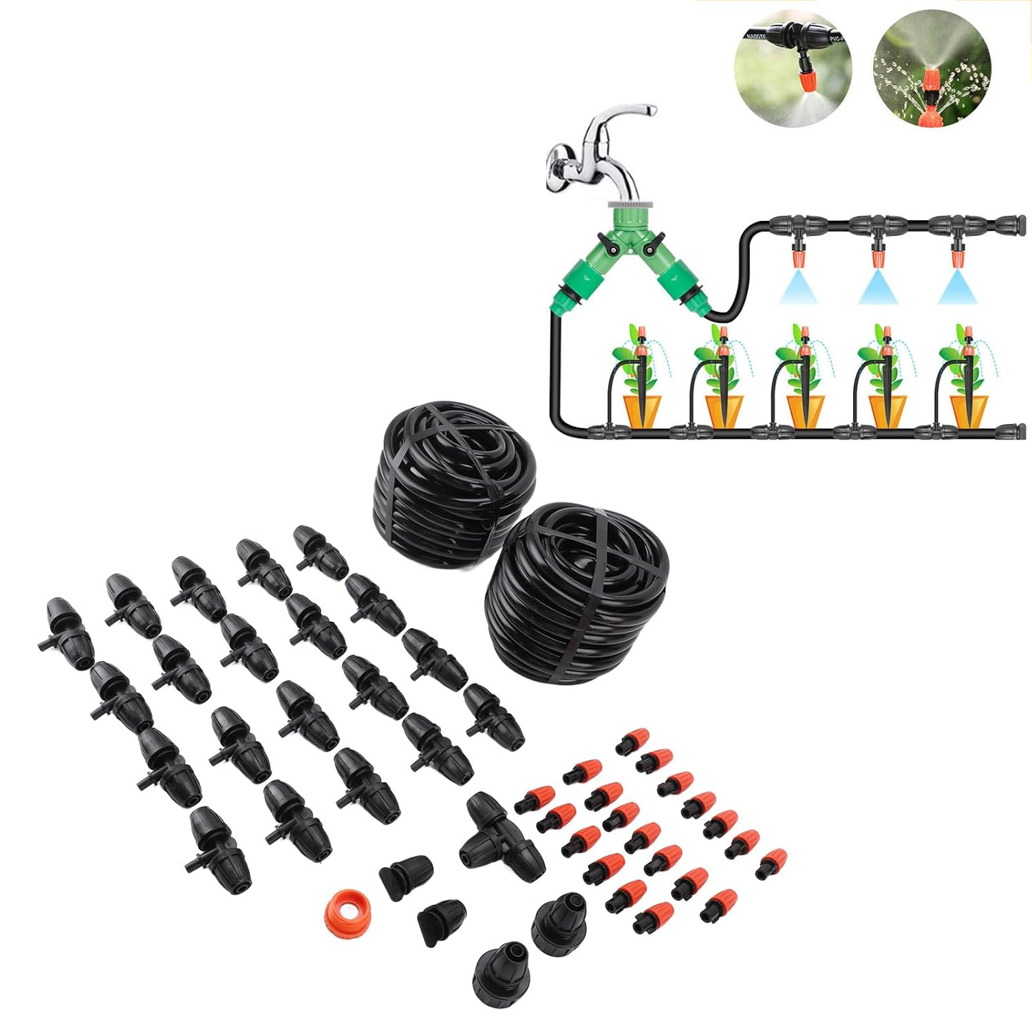 Drip Irrigation Kit, Plant Watering System with 8/12 65.6FT Tubing & Quick Connector, Automatic Irrigation Equipment for Garden Greenhouse, Flower Bed, Patio, Lawn image number 2