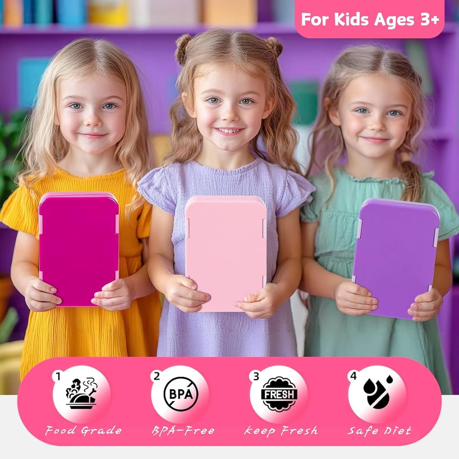 Bento Box, Double Buckle Leakproof Bento Lunch Box, Lunch Containers for Adult Kids with 5 Compartments, Snack Containers for on the Go Meal, Food Tray BPA Free (Pink) - Blue image number 2