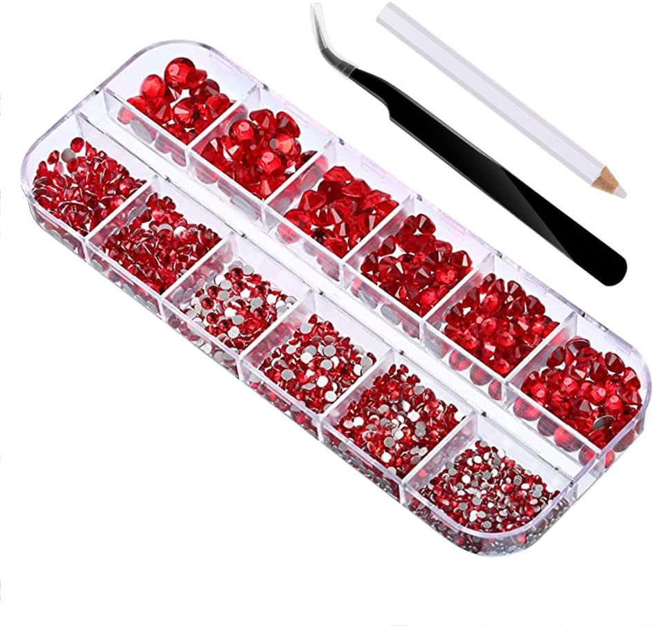 Pack of 2000 Flat Back Gems round Crystal Rhinestones 6 Sizes 1.5-6 Mm with Pick up Tweezers and Rhinestone Picking Pen for Craft Nail Clothing Shoes (Red) - Champagner image number 3
