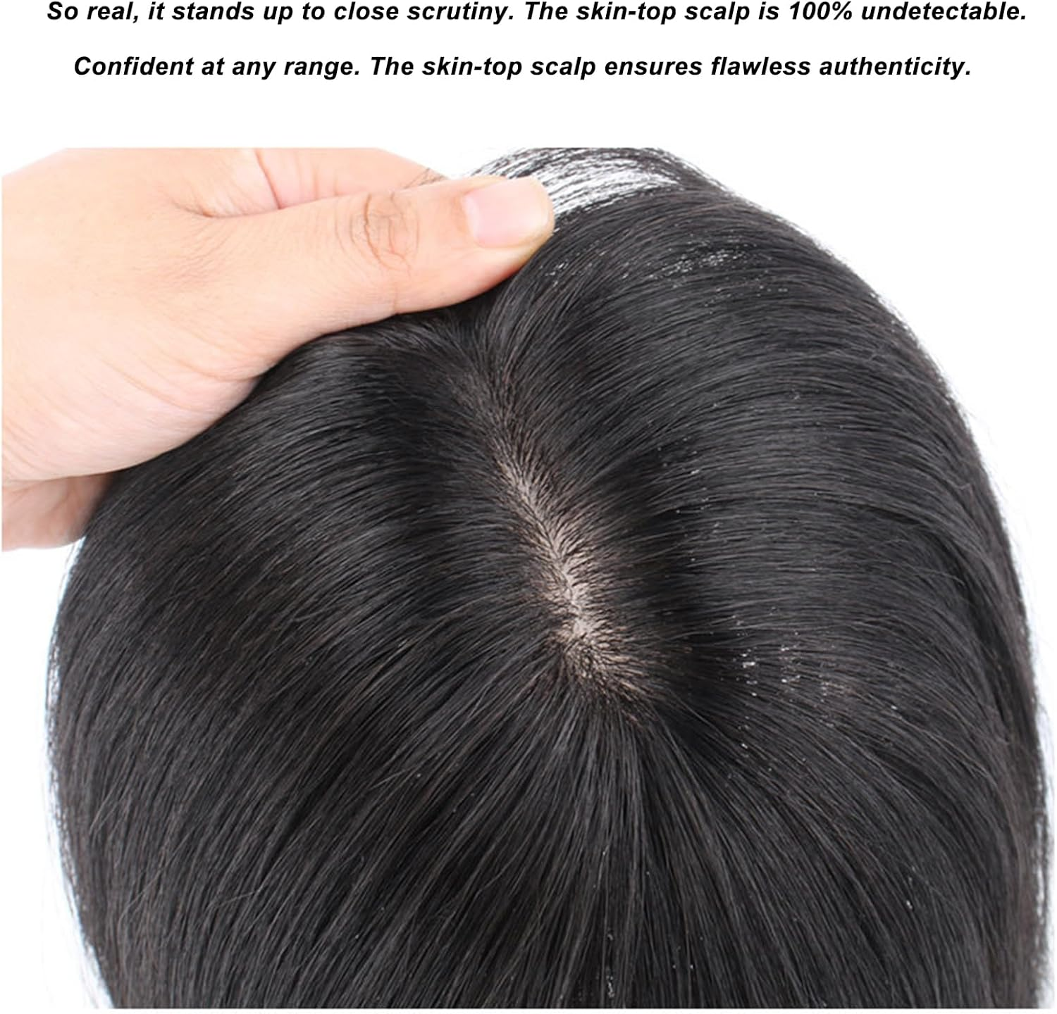 ICRAB Side Part Natural Hair Topper Wig Pieces Human Hair 13X14Cm Silk Base Crown Topper Clip in Hairpiece Large Coverage Wiglets Hairpieces for Thinning Hair Loss Natural Black,Left Part 12 Inch image number 3