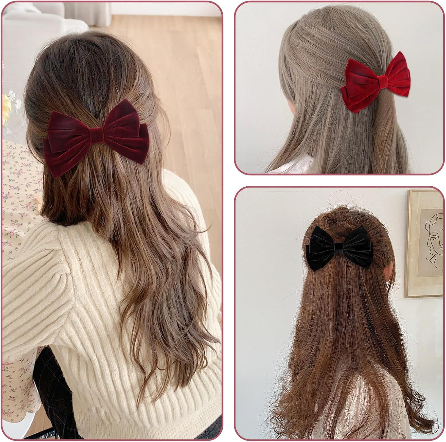 3 Pieces Velvet Bow Hair Clips, Vintage Hair Bows Barrettes Solid Color, Velvet Ribbon Bowknot French Barrettes Hair Accessorieshair Styling Clips for Girls Women (Red, Burgundy, Black)