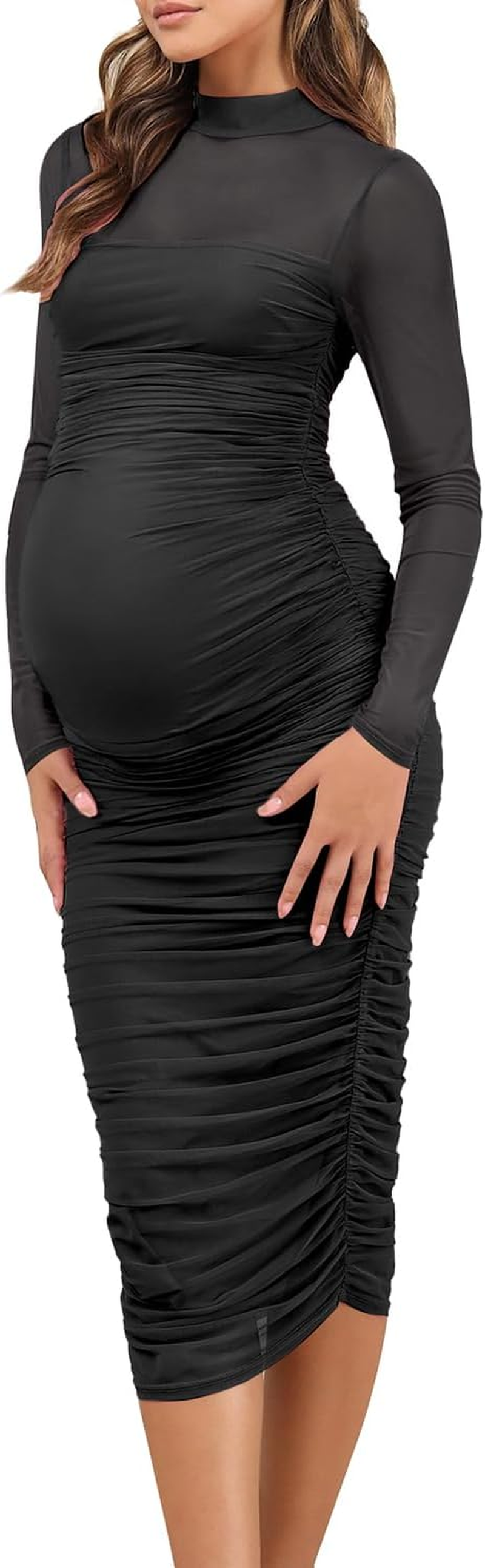 Dedysler Maternity Mesh Bodycon Dress for Wedding Guest Sexy Mock Neck Baby Shower Long Sleeve Pregnancy Clothes with Zipper