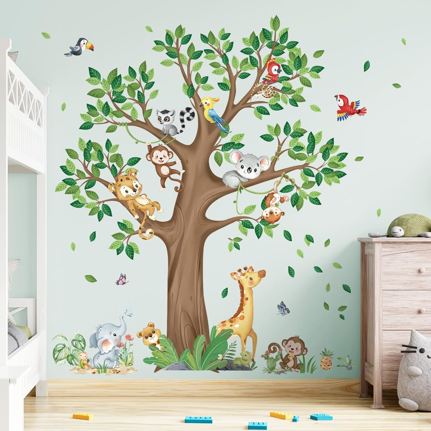 Decalmile Large Jungle Animal Tropical Leaves Wall Decals Safari Tree Lion Giraffe Monkey Wall Stickers Baby Nursery Kids Bedroom Living Room Wall Decor