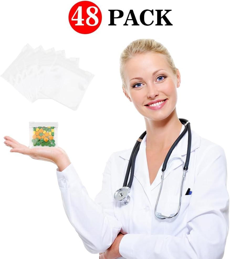 Pill Pouch Bags,48Pcs White Reusable Pill Storage Pouch Bags,Zipper Slide Lock Transparent Travel Medicine Organizer Storage Pouches for Vitamins,Supplements,Medications,Jewelry,Crafts,Small Objects - Red image number 3