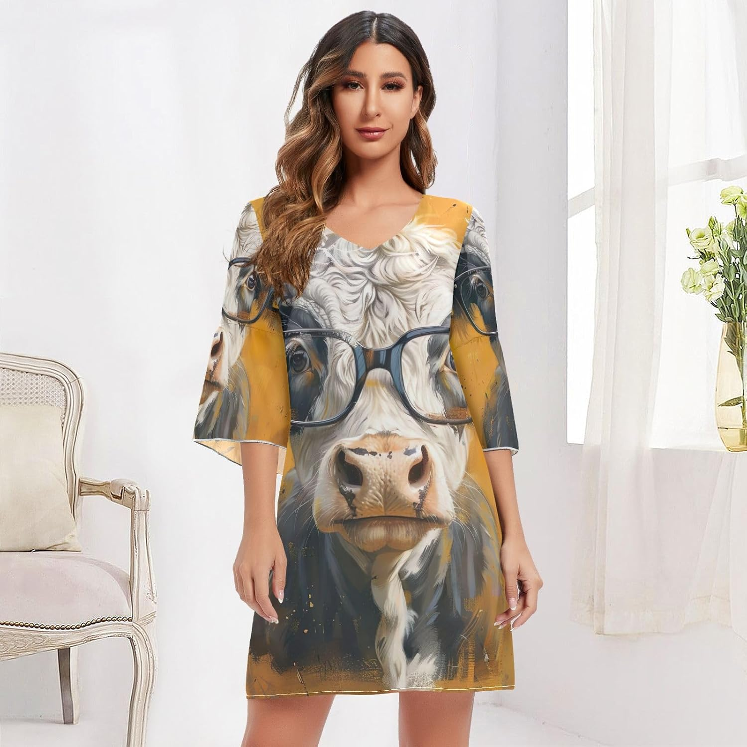 Highland Cow Yellow Chiffon V Neck Dress Printed Line Maternity Dress S-XXL image number 1