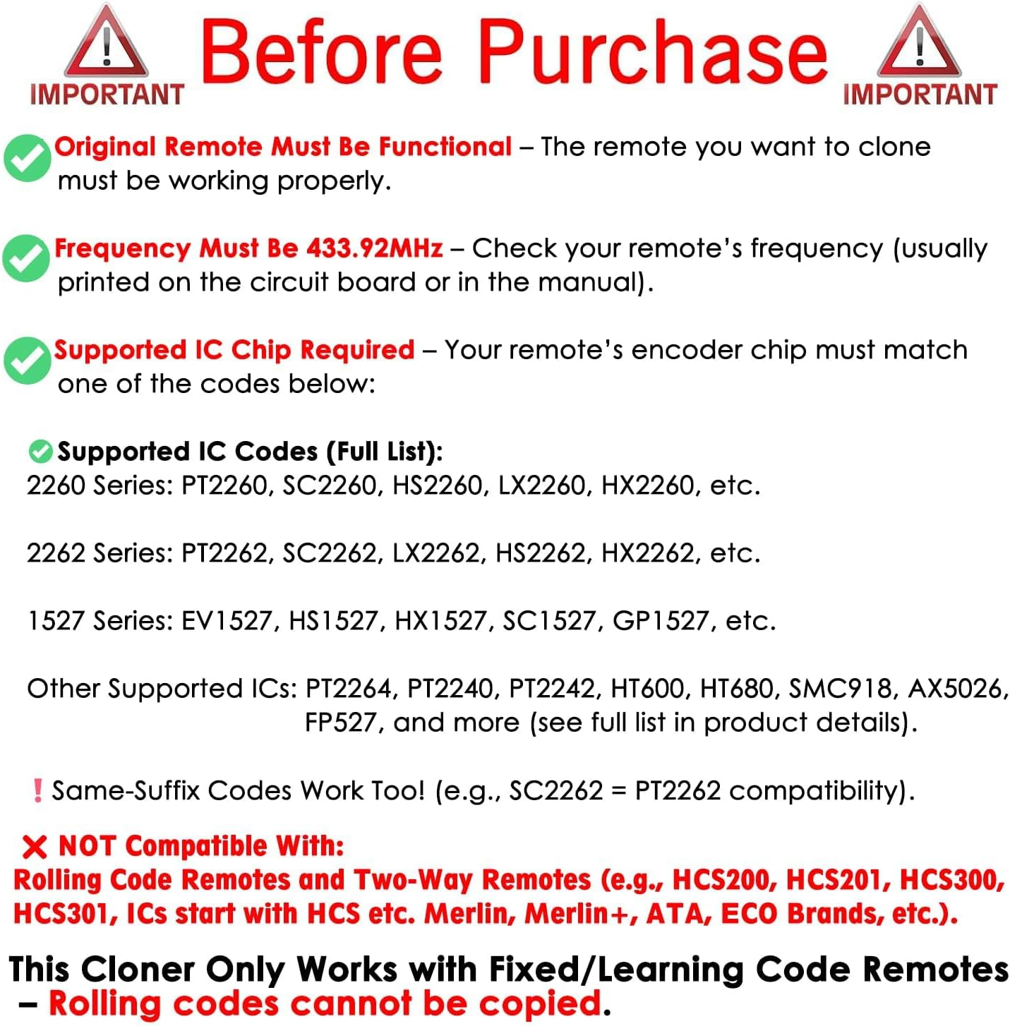 2-Pack 433.92Mhz Garage & Gate Door Remote Control Cloning Duplicator - 4 Buttons Wireless Keychain Transmitter for Auto Sliding/Driveway Gates/Car/Skylight, Compatible with Most Non-Encrypted Openers image number 3