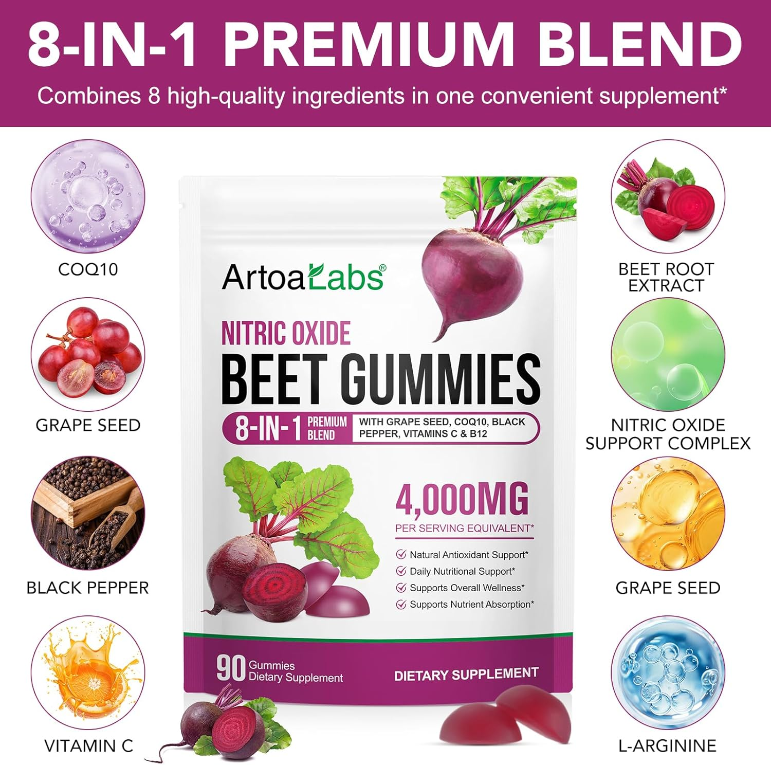 Nitric Oxide Beet Gummies | 8-In-1 Premium Blend with Grape Seed, Coq10, Black Pepper, Vitamins C & B12 | 4000Mg Equivalent per Serving | Natural Beetroot Supplement | 90 Gummies image number 2