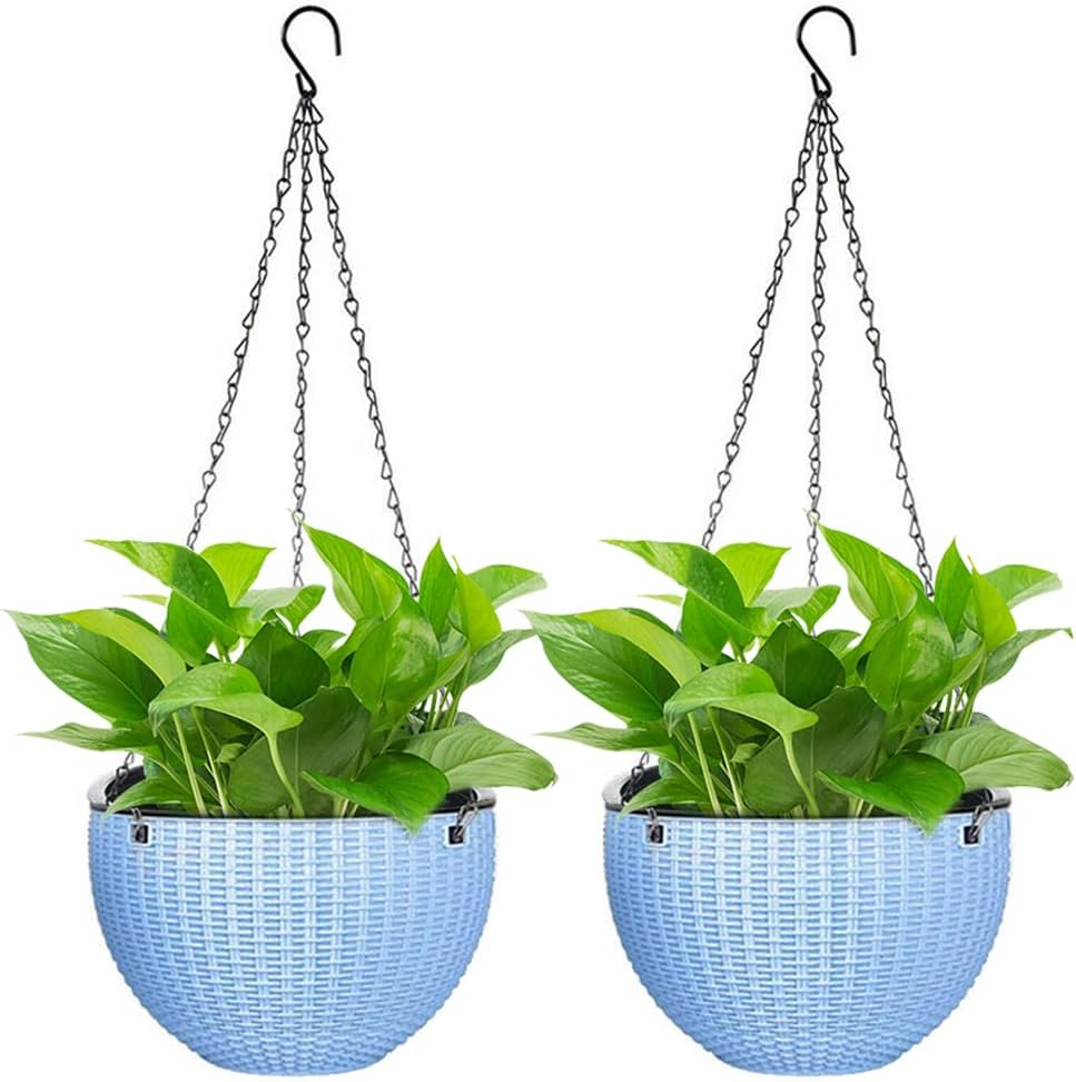 Springup 2 Pack 8.3 Inch Hanging Planters for Indoor Outdoor Plants, Trendy Rattan Design Hanging Flower Pots with Drain Holes, Plant Containers for Garden,Home Decoration,Gift (White)