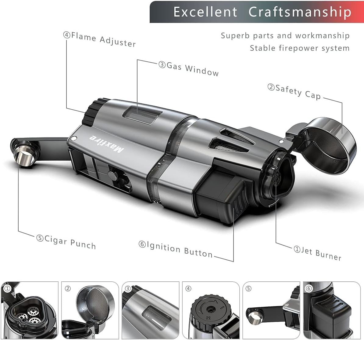 Triple Jet Flame Lighter Gas Butane Refillable Windproof Lighter, Adjustable Flame with Punch(Sold without Gas) image number 4